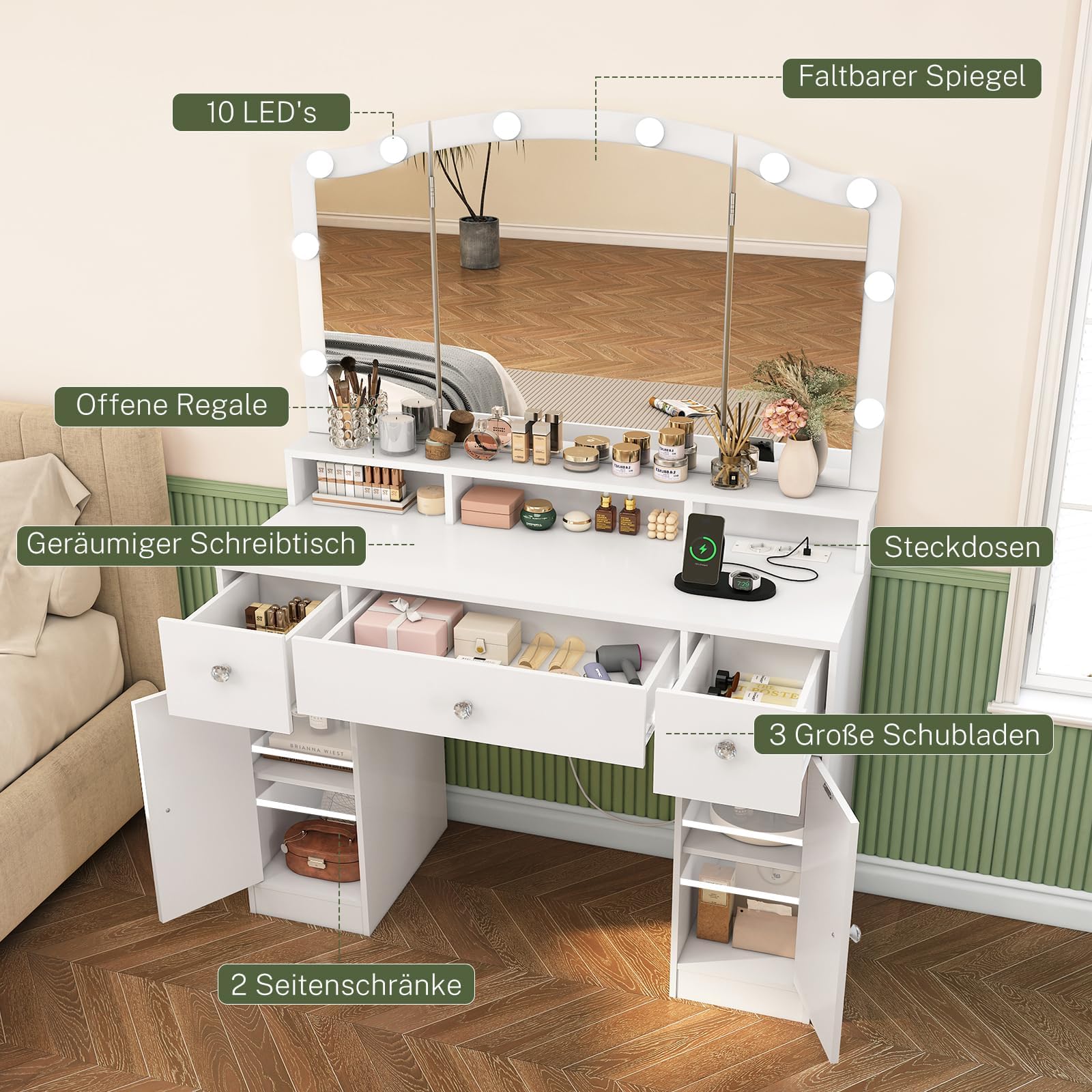 FIONESO Postazione Trucco con 10 Luci LED, 3 Colori Regolabili, 3 Specchietti Ripiegabili, Toeletta Trucco con 2 USB e 2 Prese, 3 Cassetti e 2 Armadi, Bianco