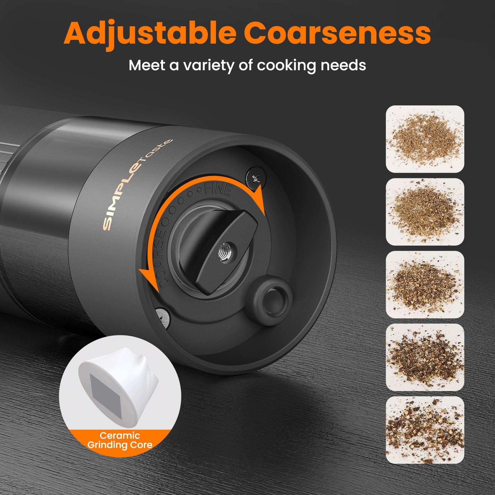 SIMPLETASTE Elektrische Salz & Pfeffermühlen - USB Aufladbar Mit Keramikmahlwerk & LED Licht