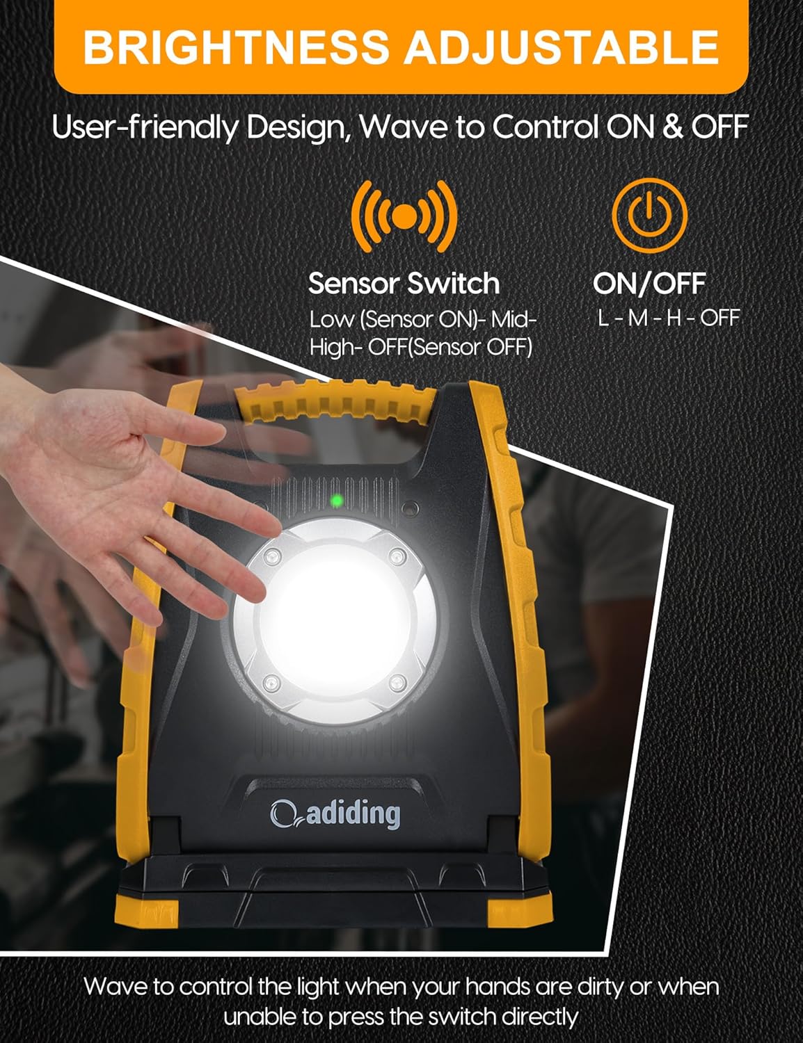 Adiding Rechargeable LED Work Light 4400mAh - Portable Flood Light With Sensor & 360 Rotation Magnetic Base for Repairing, Inspection, Garage, Camping