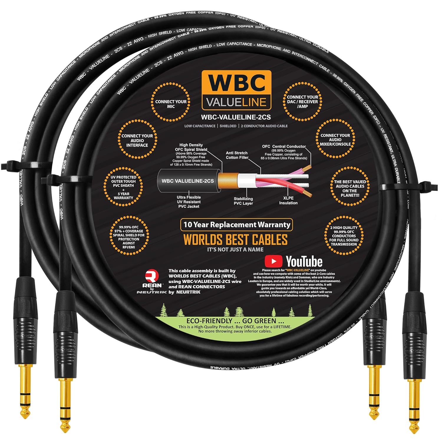WBC-VALUELINE-2CS (22 AWG) - 2 Units - 6 Foot - Low-Capacitance Shielded Balanced Flexible Interconnect Cables with Neutrik-Rean ¼ Inch (6.35mm) Gold Straight TRS Stereo Phone Plugs