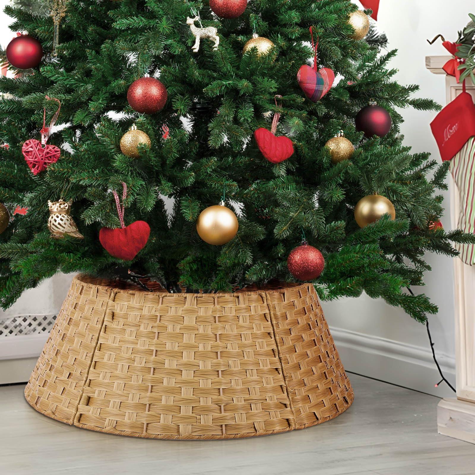Bomclap Gonna per Albero di Natale in Rattan Artificiale - Decorazione e Cesto Natalizio, 70 x 50 x 26 cm, Colore Naturale
