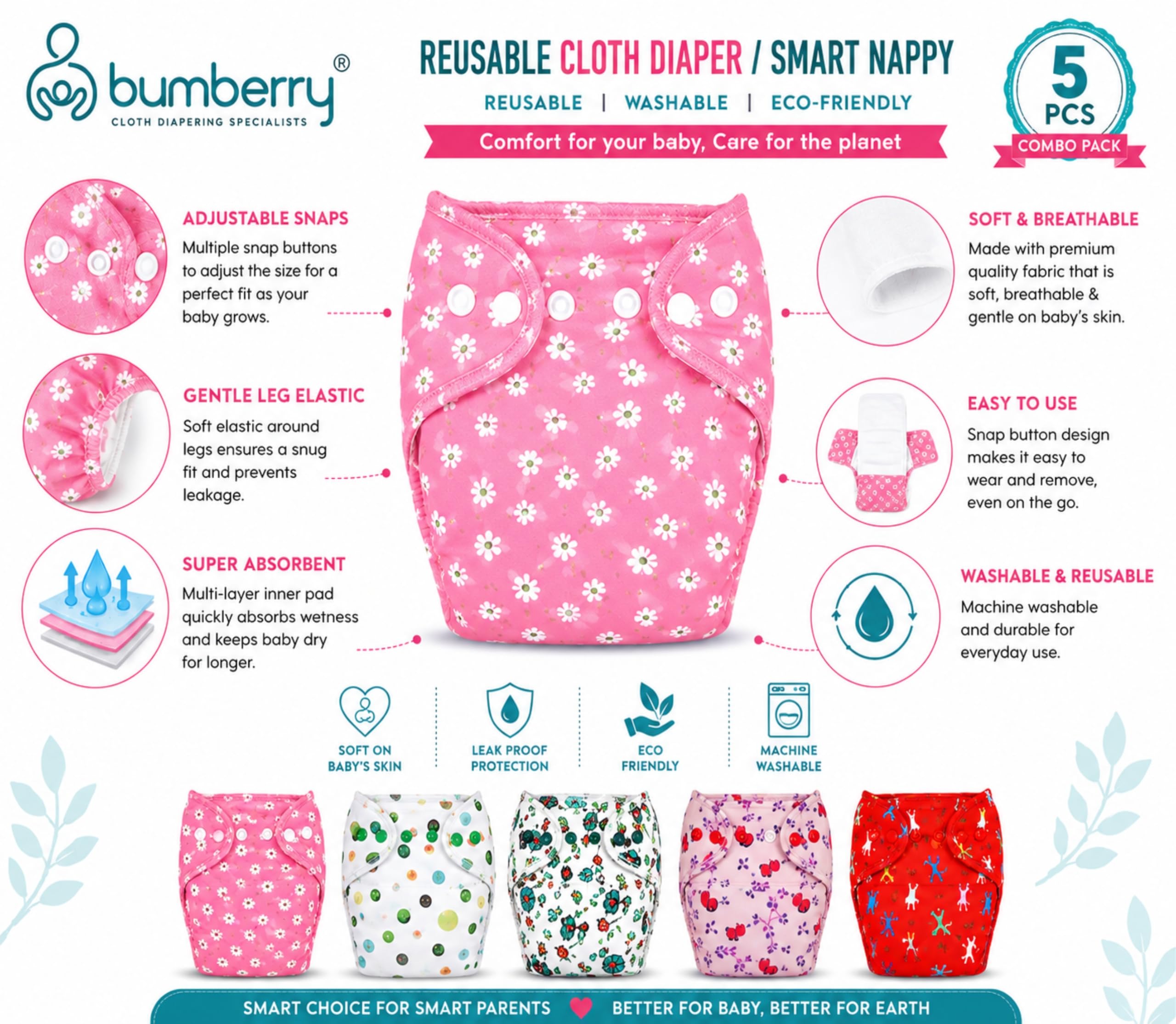 Bumberry New & Improved Smart Nappy Cloth Diaper for Newborn Baby | LXL | 10 - 18 Months | Reusable & Washable Baby Diaper | Extra Absorbent, Leak Protection, Stay Dry & Soft | Holds Up to 3 Pees | Pack of 5 ,Kit 2