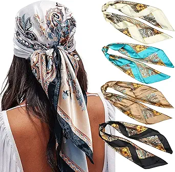 35” Satin Large Square Head Scarves - 4PCS Silk Like Neck Scarf Hair Sleeping Wraps Lightweight Satin Silk Scarfs