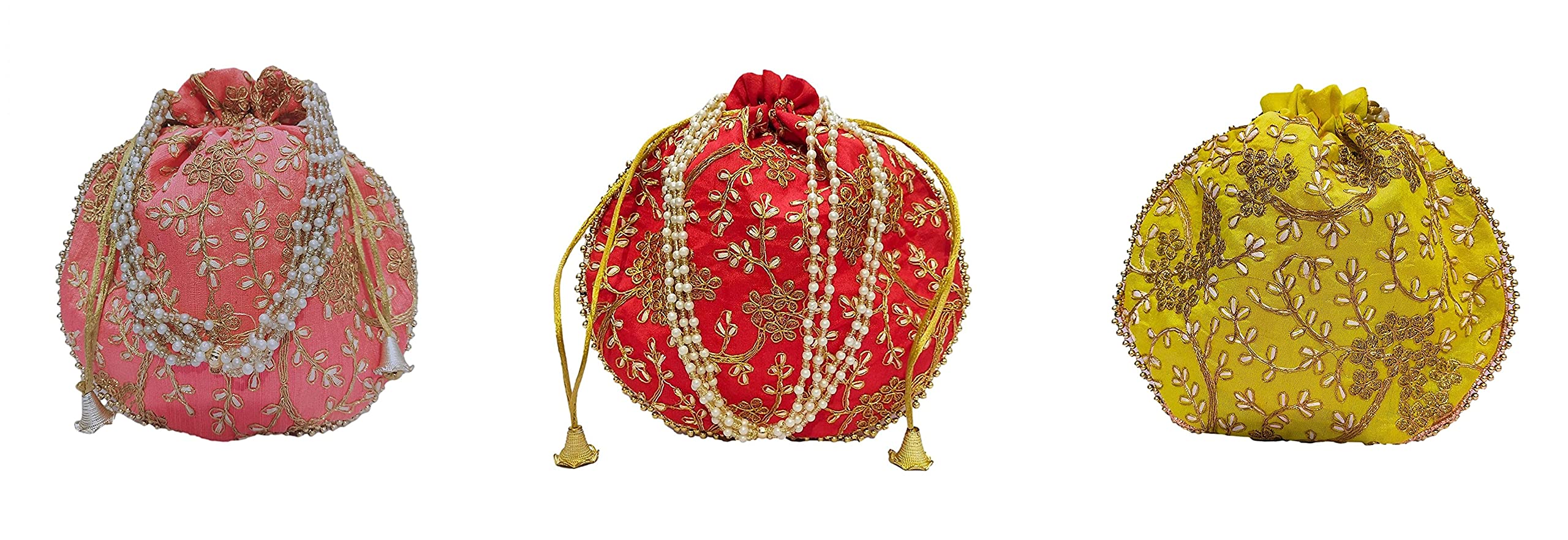 athizay 3 Pcs Multi-Colored (Pink,Red,yellow) Potli bags Combo for women handbags traditional Indian Wristlet with Drawstring Ethnic Embroidery Women Fashion Potli-picture-20