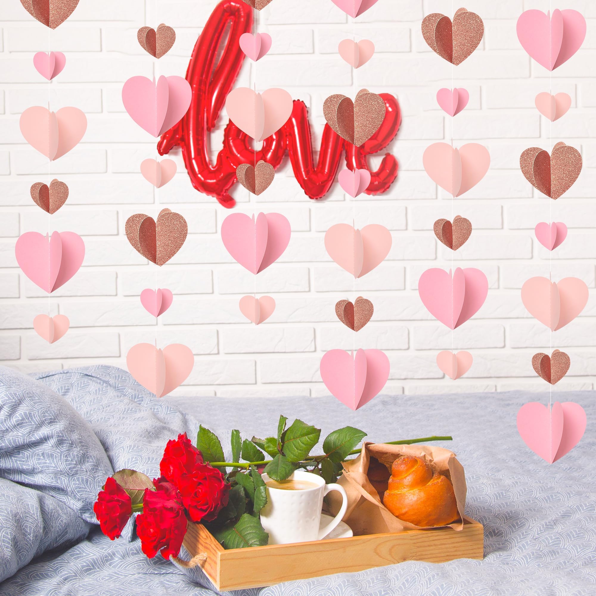 CNhoqc 4 guirnaldas de papel en forma de corazón de oro rosa 3D, serpentinas colgantes con temática rosa, guirnaldas románticas en forma de corazón para el día de San Valentín, cumpleaños, boda,