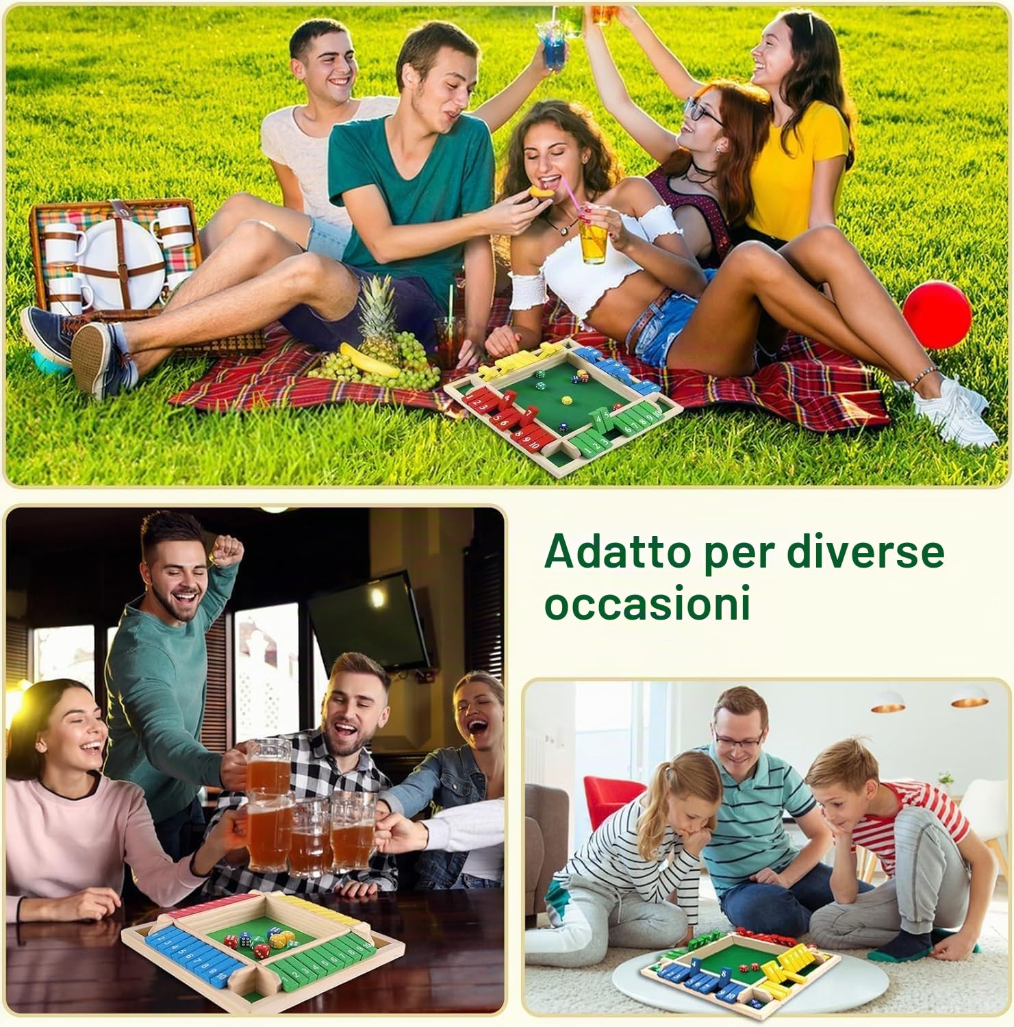 Shut the Box in Legno 2-4 Giocatori - Gioco da Tavolo Con 8 Dadi per Matematica - Set Completo per Bambini, Adulti, Famiglia o Bar