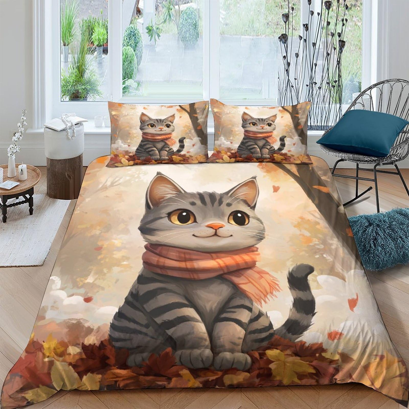 Ctjqhvkz Style-7 3D Printed Autumn Cat Fitted Sheet Microfiber Soft Breathable Scarf Kitten Mattress Cover For Bedroom Guest Room Decor Single（135X200cm）