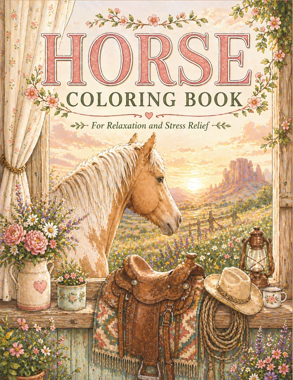 Horse Coloring Book: Scenic Western Scenes, Blooming Flowers, Calm Landscapes for Relaxation (Calming Western Days)