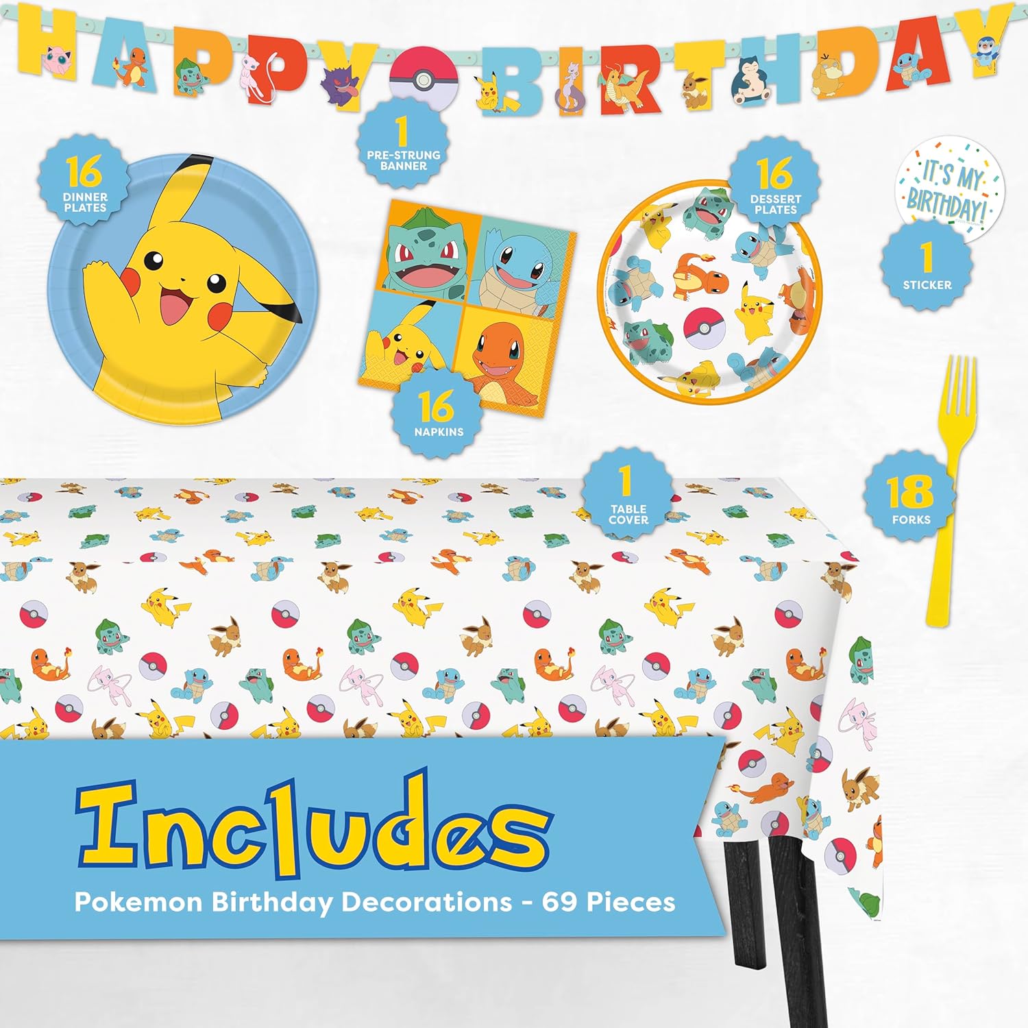 Pokemon Birthday Decorations Party Supplies for 16 - Officially Licensed Banner, Tablecloth, Dinner & Dessert Plates, Napkins, Forks, Sticker | Officially Licensed