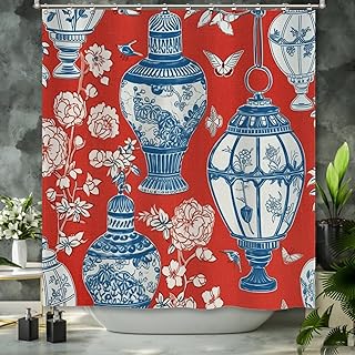 UanMere Red Ginger Jar Chinoiserie Inspired Asian Bright Decor Curtain Bathroom Decoration 72in Rustic Chinese Shower Curt...
