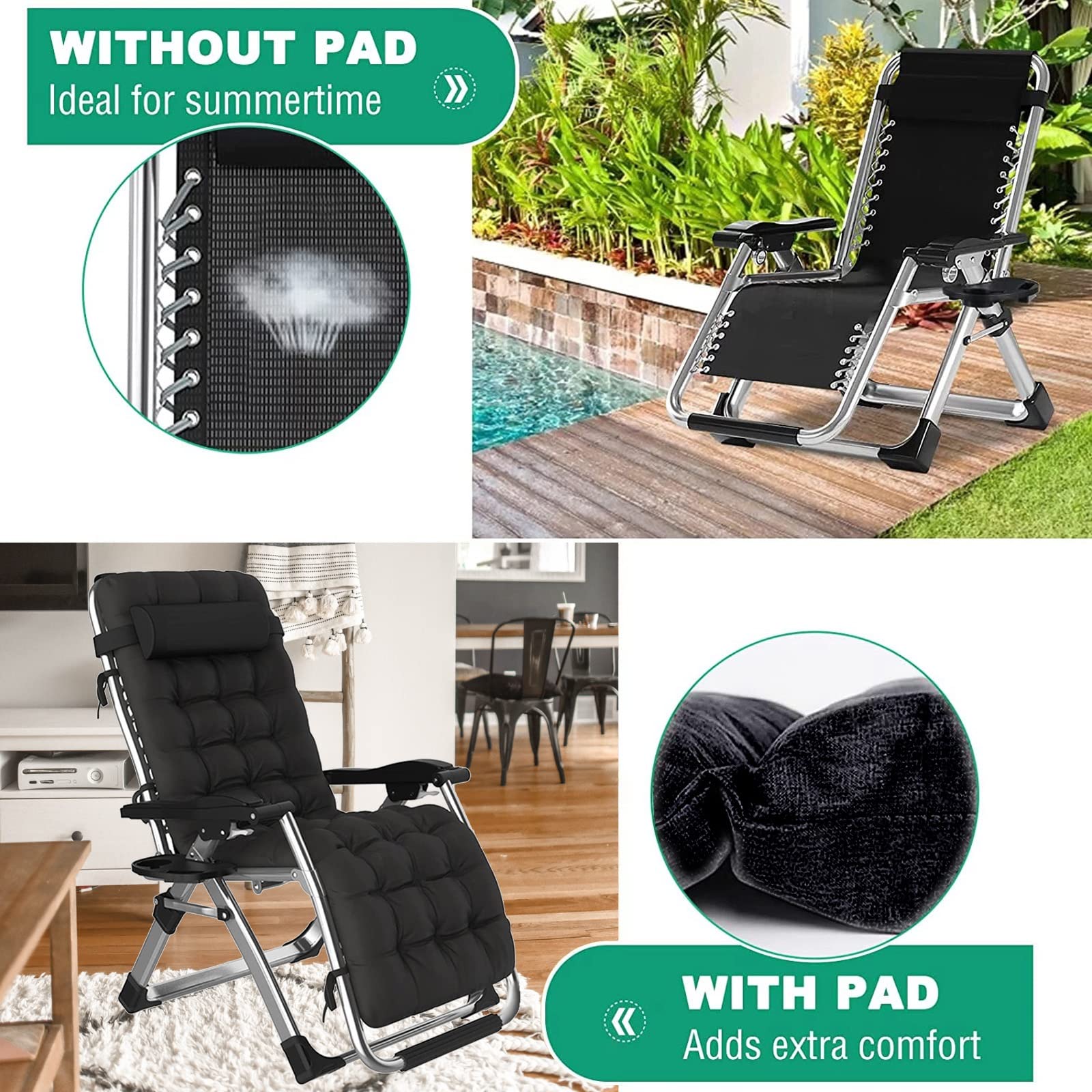 Tumbona Gravedad Cero, Silla Reclinable Plegable para Playa Jardín Terraza, Tumbona Gravedad Cero con Soporte para Bebidas, Soporta hasta 180 Kg (Color : Black Mattress with Chair)