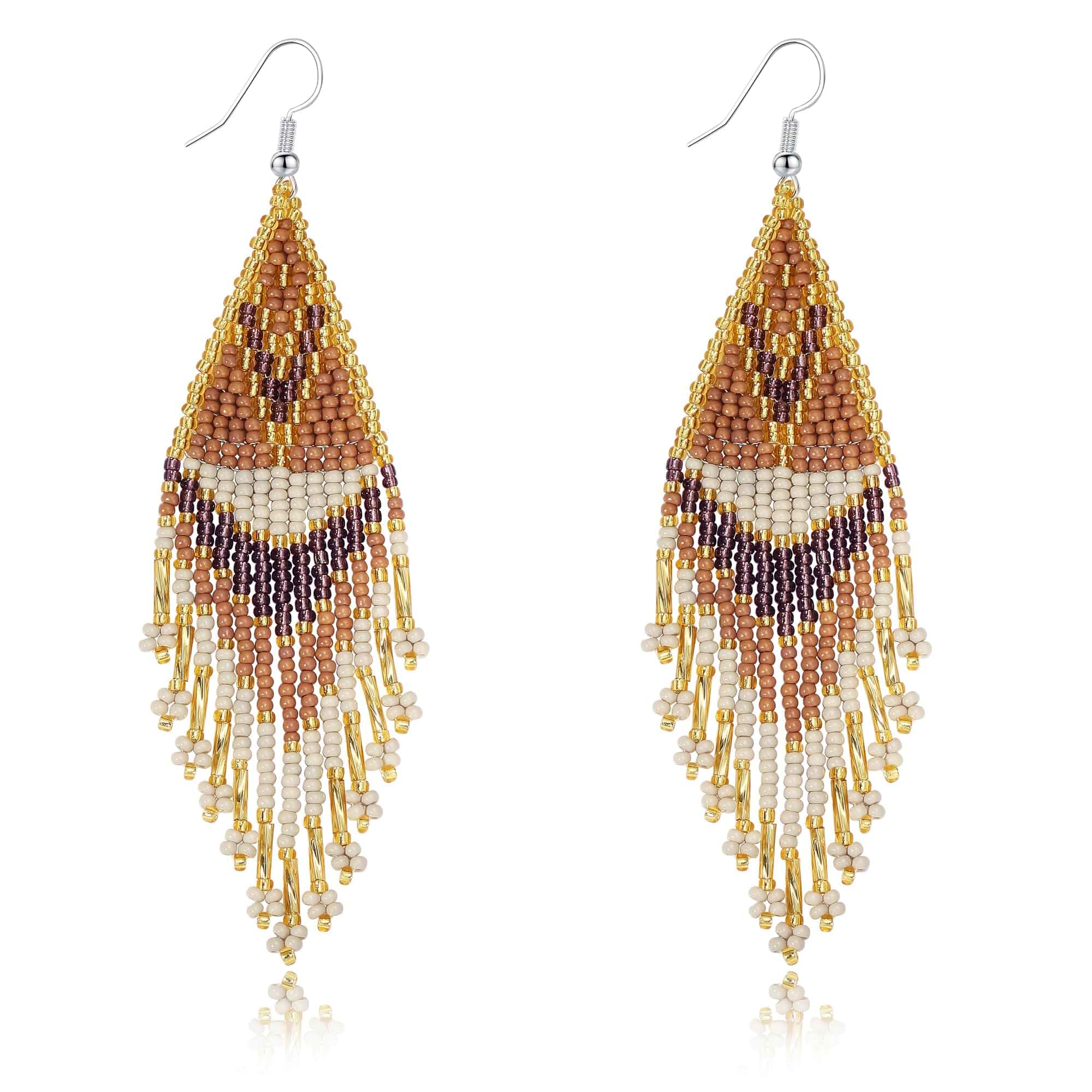 Bohemian Long Tassel Beaded Boho Native Handmade Dangle Earrings Drop, Fringe, Statement, Tribal, Jewelry, For Women, Modern, Seed Beaded, Large, Big, Mix-Colors
