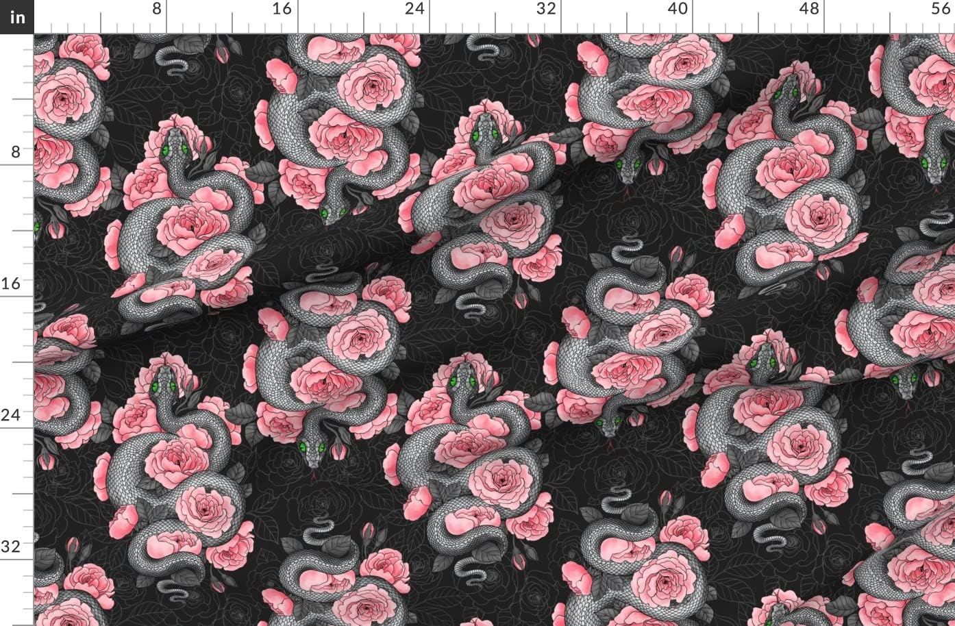 Spoonflower Fabric - Roses Illustration Reptile Tattoo Floral Snake Dark Printed on Organic Cotton Sateen Fabric by The Yard - Sewing Quilting Apparel Home Decor