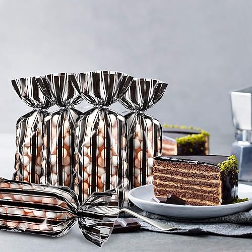 Miniatura 6 de Blulu 100 bolsas de plástico de Halloween con estampado de rayas blancas y negras para dulces o trucos, bolsas de celofán transparente con 100 lazos
