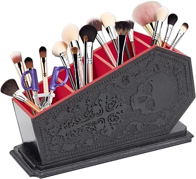 Gothic Coffin Decor Makeup Brush Holder,Spooky Witchy Gifts for Women,Skull Cosmetic Display Cases,Goth Decor Pen Holder, Vanity, Desk, Office Organizer for Mothers Day Bedroom Bathroom Red