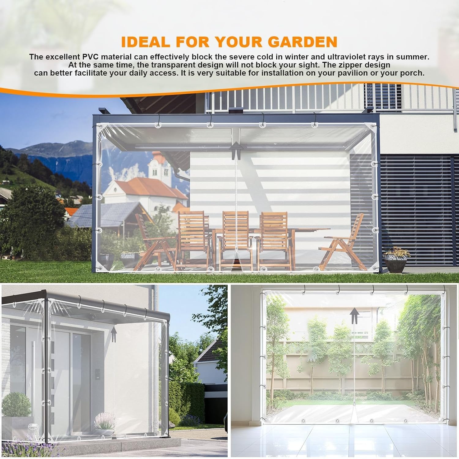 Transparente Plane, robuste PVC-Plane mit Reißverschluss, wasserdicht, staubdicht, winddicht, reißfest, mit Ösen und Seilen, für Gewächshaus, Terrasse, Garten, Outdoor, 3 x 3 m