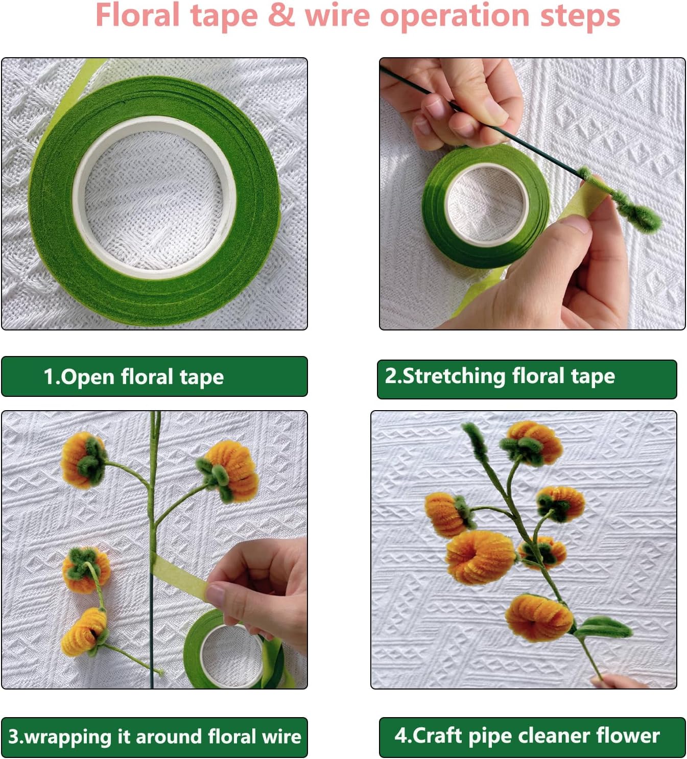 Swpohrat 50 pcs 2 Guage 11.8 Inch Floral Stem Wire and 4 Rolls 1/2 Inch Wide Green Floral Tape for Craft Pipe Cleaner Bouquet,Wedding Bouquet,Flower Pens,Arts and Crafts Making