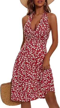HUHOT Women's Summer Sundress Sleeveless Halter Neck Floral with Pocket