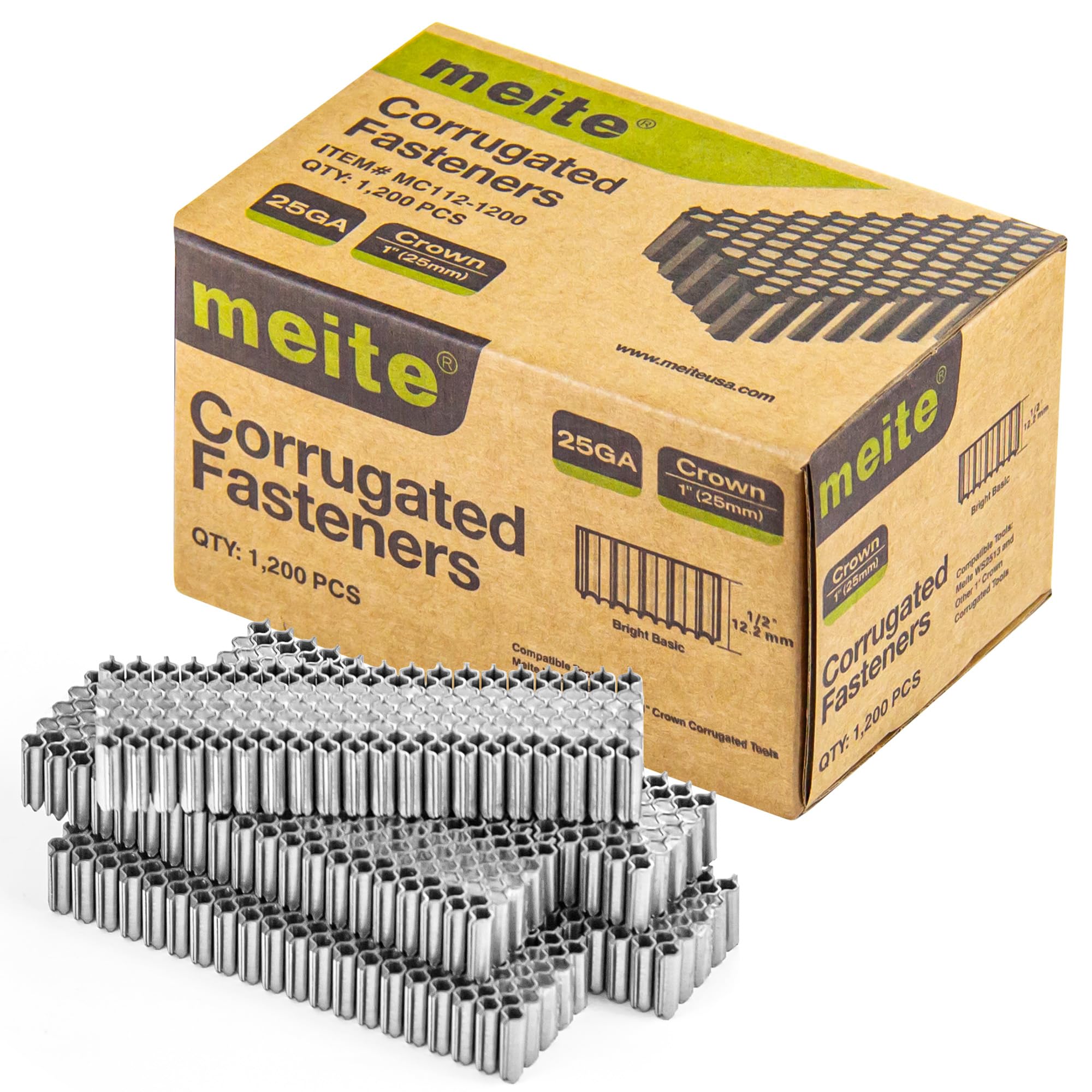 meite Corrugated Fasteners MC112 25 Gauge 1-Inch Crown 1/2-Inch Length Staples Corrugated W Fasteners for Pneumatic Corrugated Tools, for Woodworking