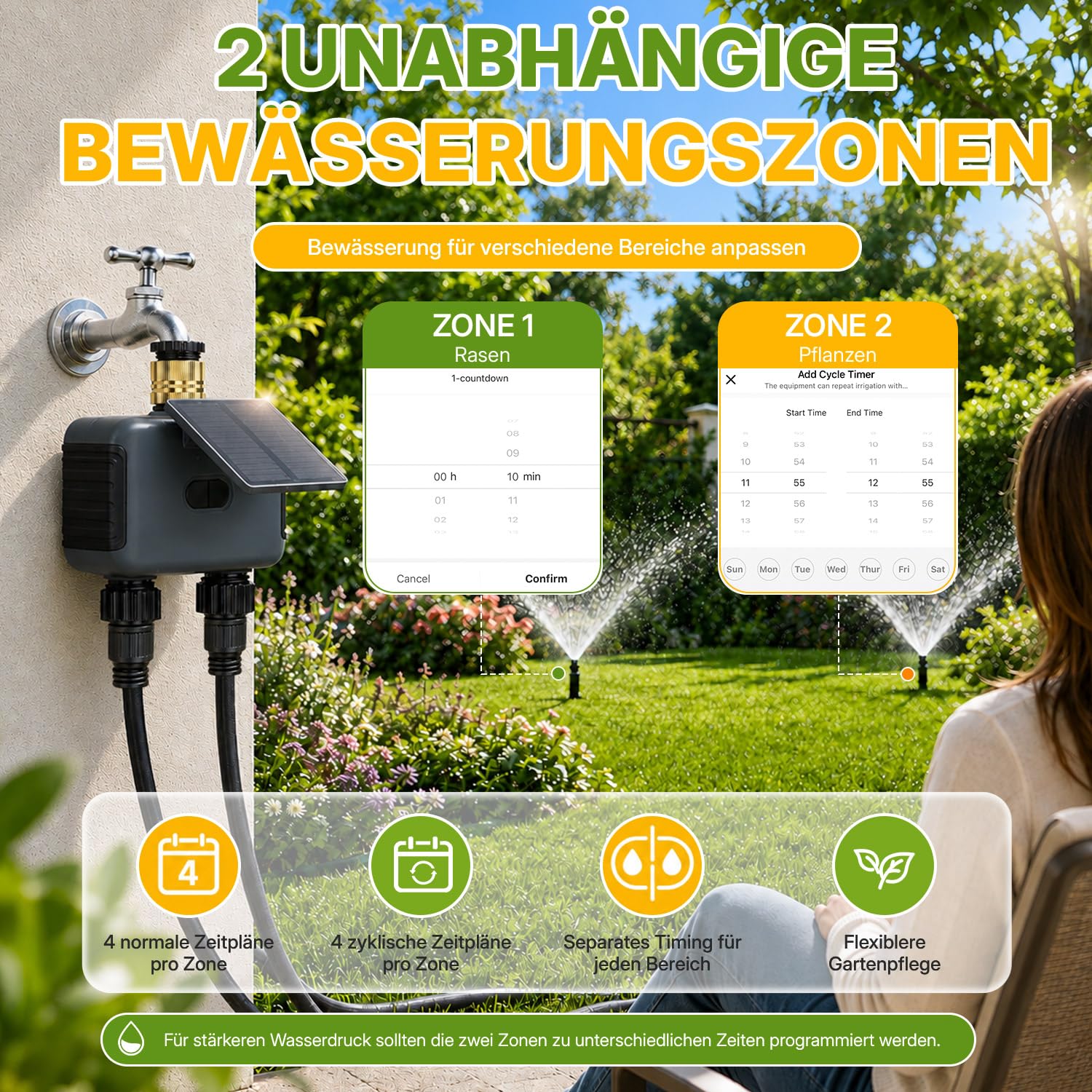 Mcbazel Solares Bewässerungscomputer mit 2 Ausgängen, WLAN-Bewässerungsuhr mit Solar & USB-C-Aufladung, App- & Sprachsteuerung, Regenverzögerung, Automatische/Manuelle Bewässerung, IP55 Wasserdicht