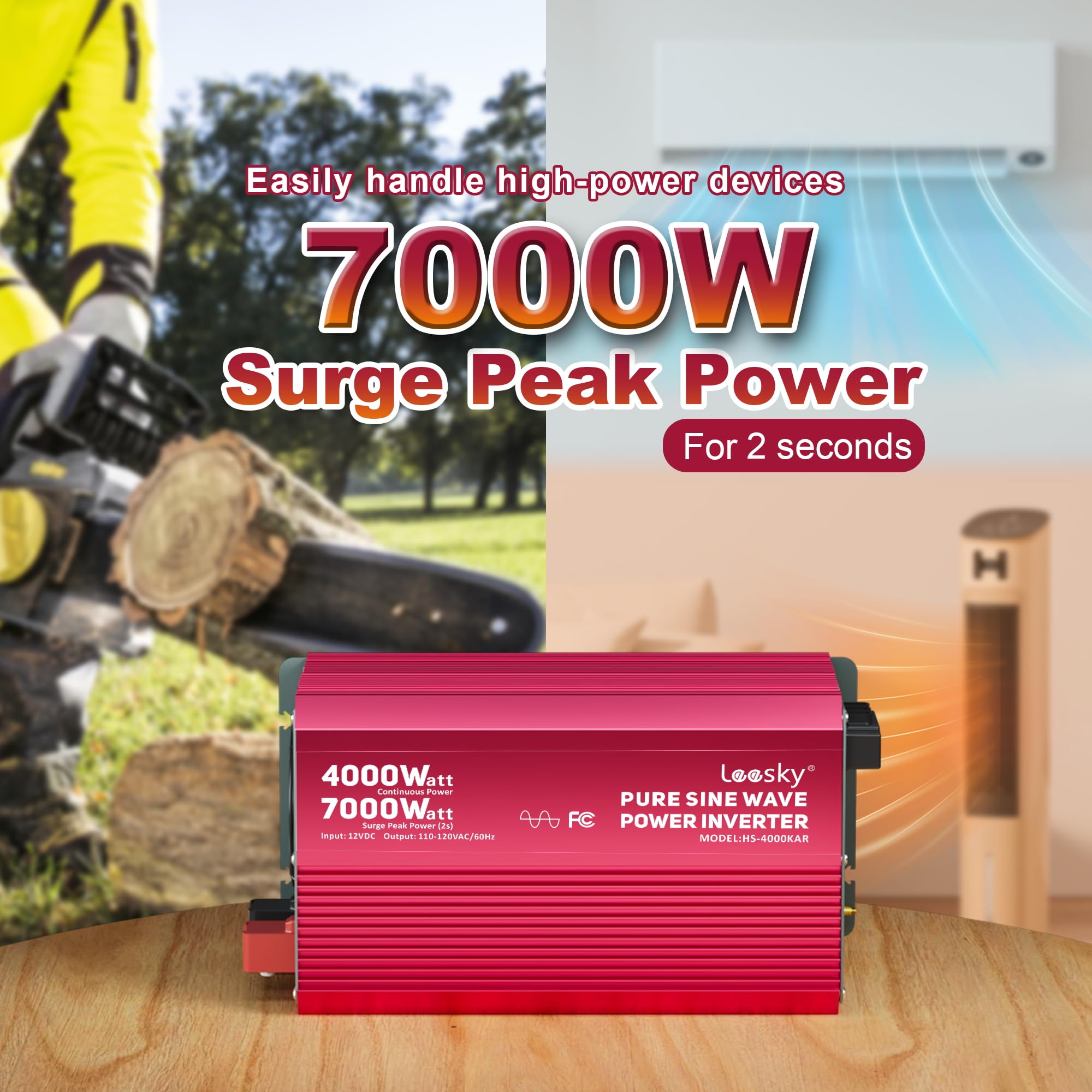 4000 Watt Pure Sine Wave Inverter 12V DC to 110V 120V AC Surge Peak 7000 Watt for 2s | 2025 New Upgraded, Compatible with Lithium Battery, for Home Car Off-Grid Solar System RV Truck Vehicle LEESKY