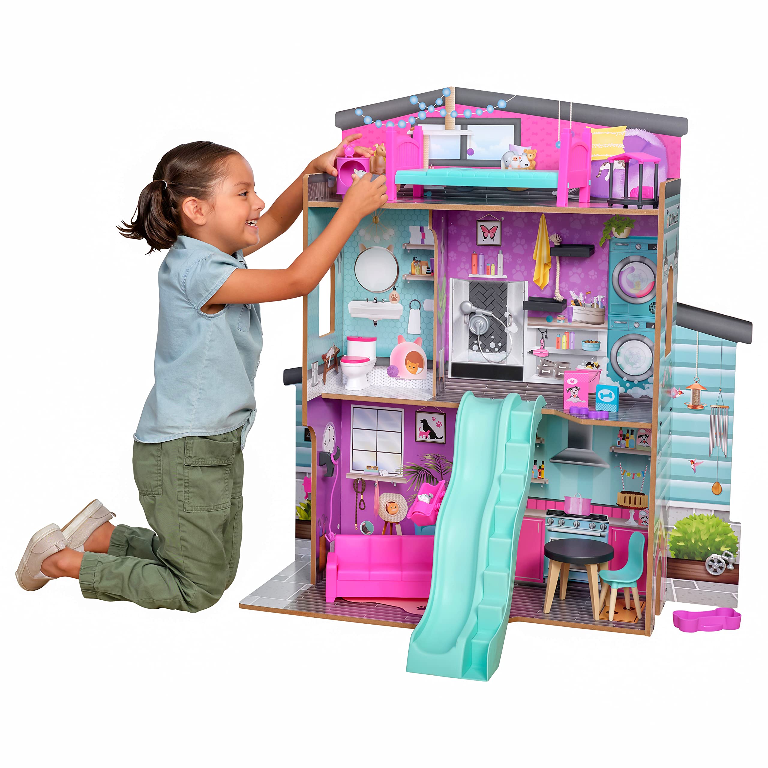 KidKraft Purrfect Domek dla lalek z drewna z meblami i akcesoriami, dla lalek 30 cm, domek z kotem i psem, figurki do zabawy, motyw zwierząt domowych, zabawka dla dzieci od 3 lat, 20240