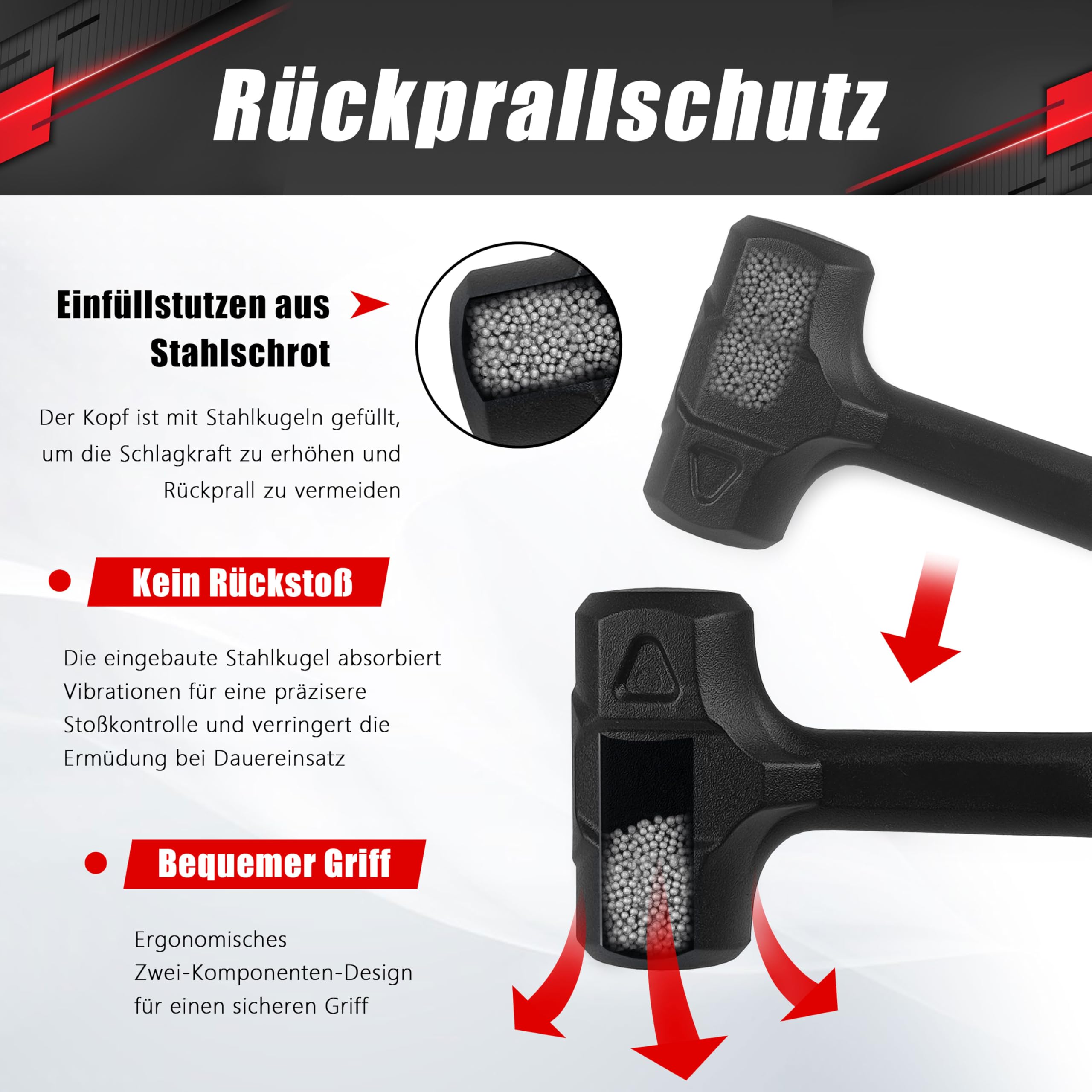 1LB Dead Blow Hammer,Totschlaghammer-Schwere einteilige Konstruktion aus geschmiedetem Kohlenstoffstahl,Pvc-Hammer mit Stahlkugel-gefülltem Kopf, Anti-Vibrations-Griff für Präzision und Kontrolle