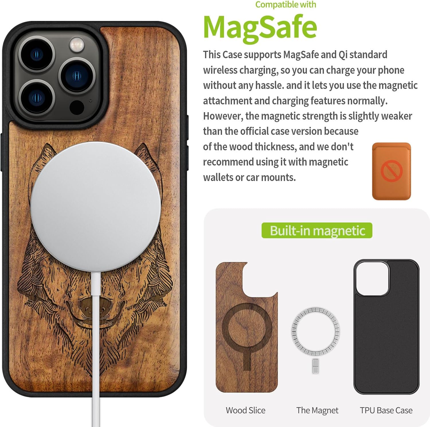 Carveit Magnetic Wooden Case for iPhone 15 Pro Max Case, Compatible with MagSafe Wireless Chargers, Black Soft TPU Shockproof Cover & Wood Artisan Engraved (Wolf Head) - Walnut