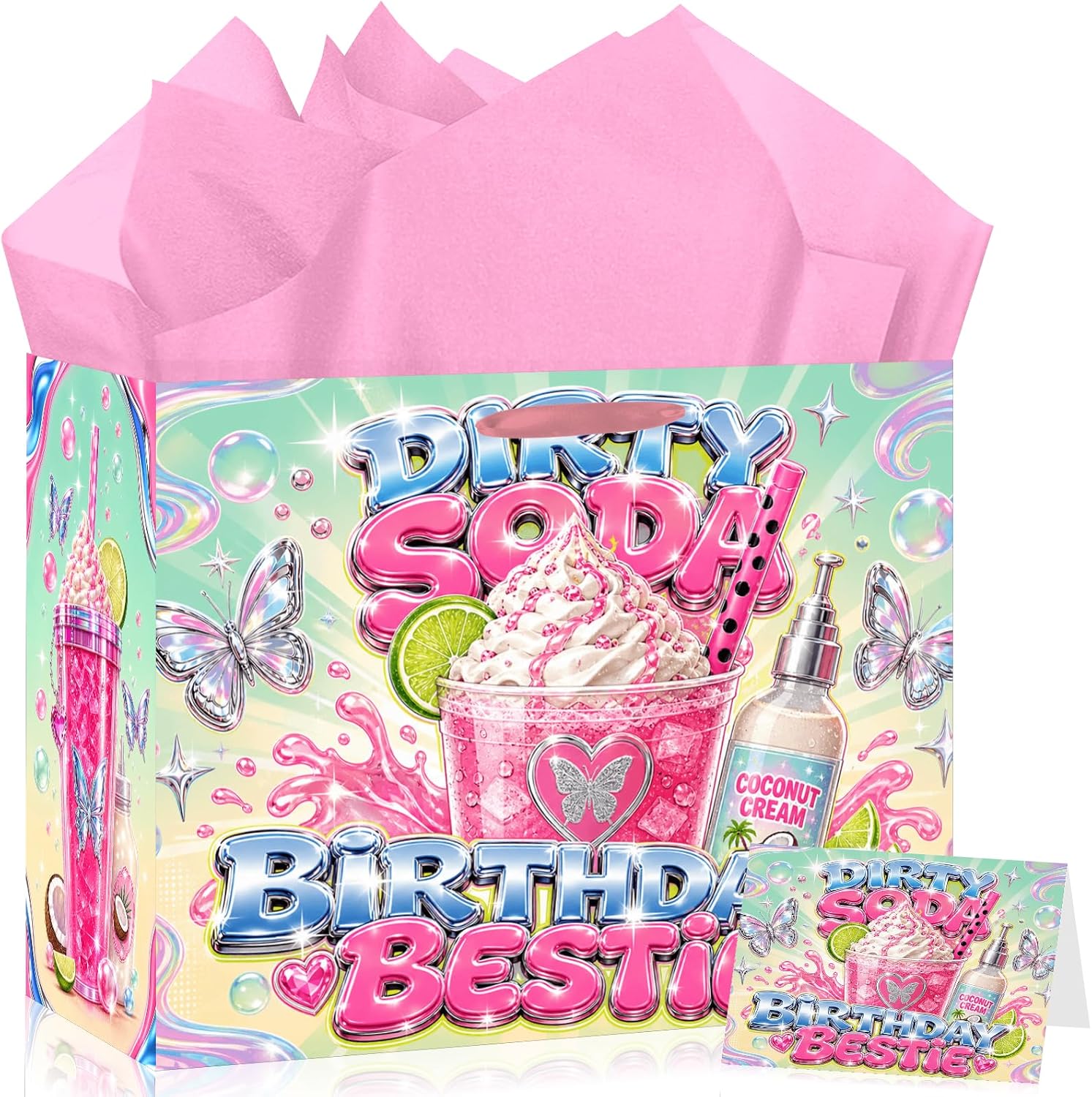 Hkshaoda Pink Soda Theme Party Supplies Butterfly Glam Gift Bag with Wrapping Paper and Card Dirty Soda Theme Wrapping Paper Bag for Bestie Birthday Gift Packaging Glam Pink Event Party Decorations