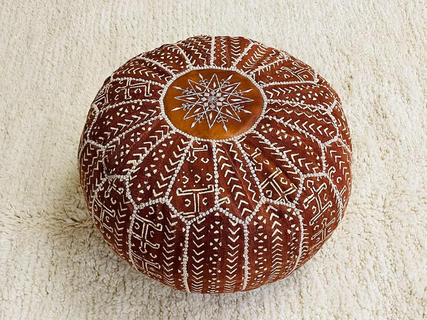 Handmade Moroccan Leather Pouf Ottoman, Tan Brown with Embroidered Sunflower Design, Round Floor Cushion, Traditional Bohemian Style (Dark Blue)