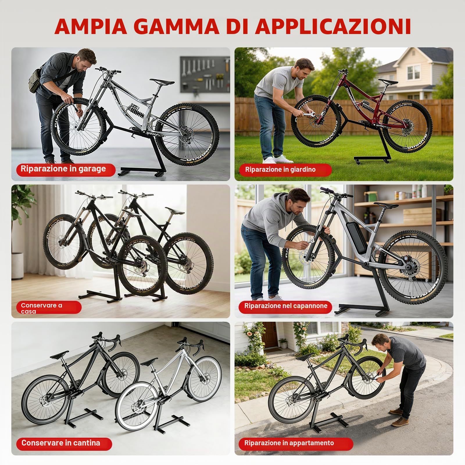 Cavalletto posteriore 2 in 1 per riparazione e stoccaggio, supporto stabile per mountain bike e bici elettriche fino a 45 kg, struttura in metallo con fissaggio anteriore della ruota, regolabile per