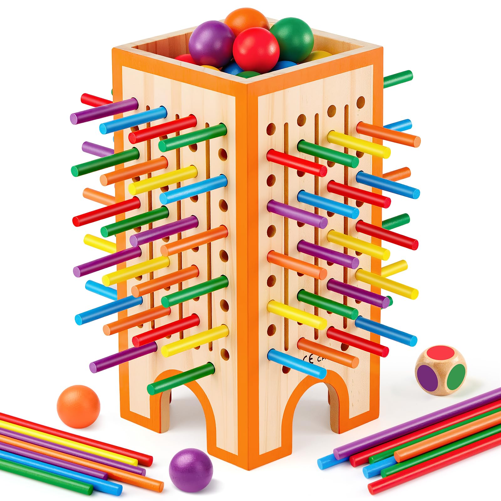 Montessori Game Wooden Board Games, 42 Colourful Sticks Dice Game Math Learning Toys, Family Fun Ball Dropping Game, Fine Motor Skills Toy for 3 4 5 6 Years Old, Travel Educational Gift for Boys Girls
