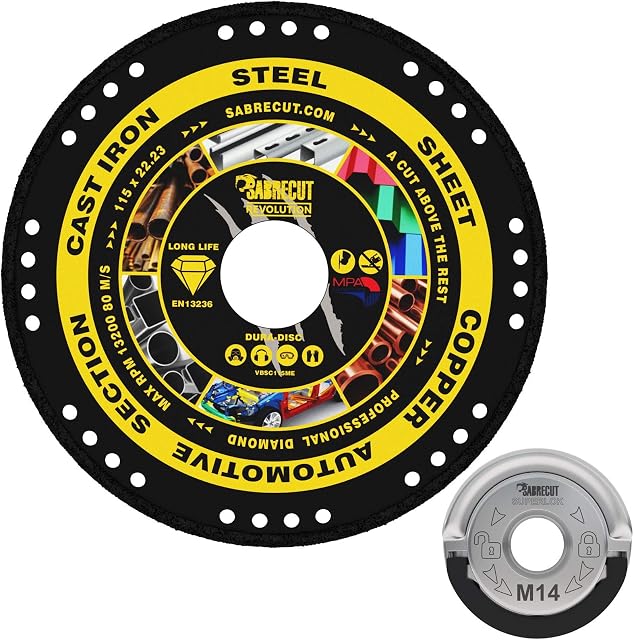 SabreCut VB115MEGRB 115mm (4.5") x 22.23mm Bore Vacuum Brazed Metal Cutting Angle Grinder Diamond Disc Blade & 45mm M14 Quick Change Heavy Duty Grinder Locking Retaining Flange Nut Kit