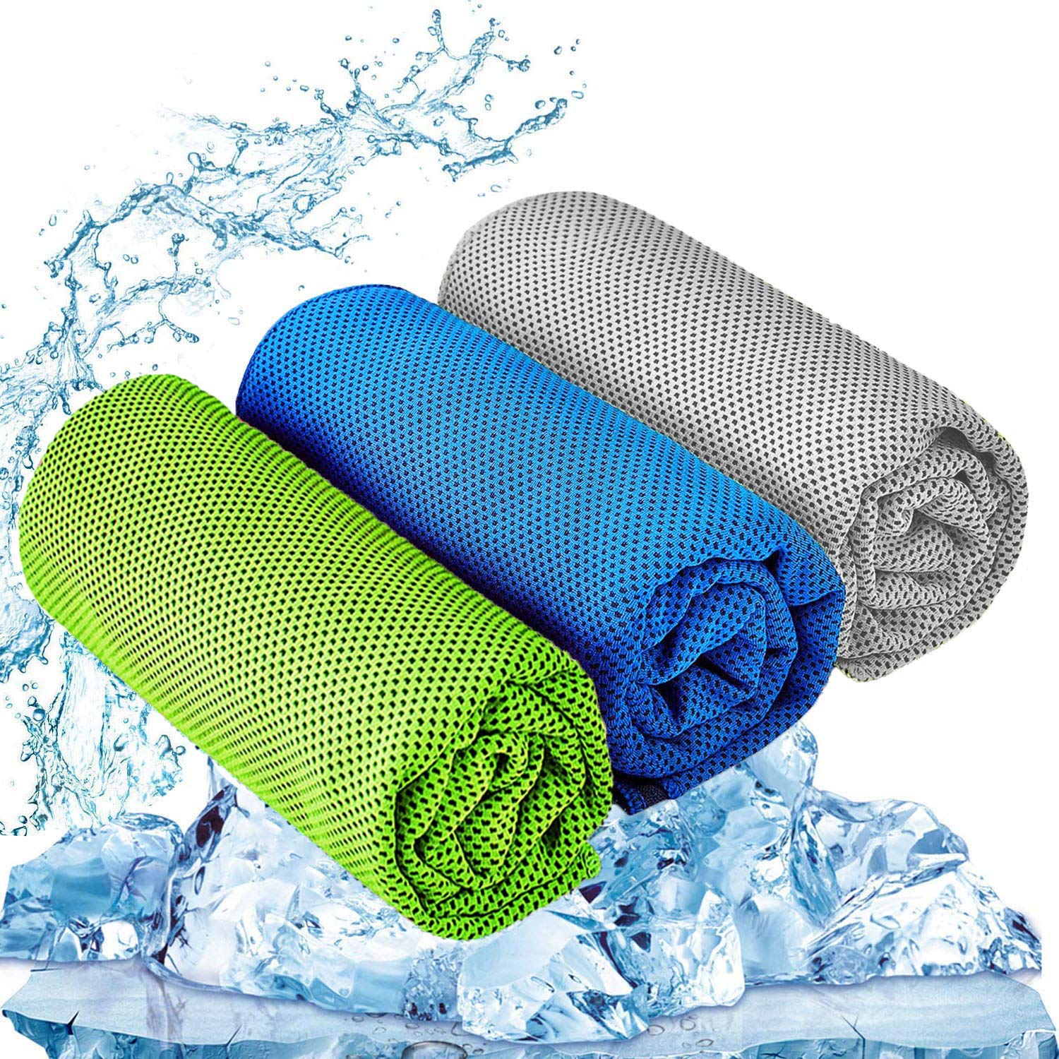 Dzman Cooling Towel 3 Pcs (47"x12") Microfiber Towel for Instant Cooling Relief, Cool Cold Towel for Yoga Golf Travel Gym Sports Camping Football & Outdoor Sports (Light Blue/Green/Gray)