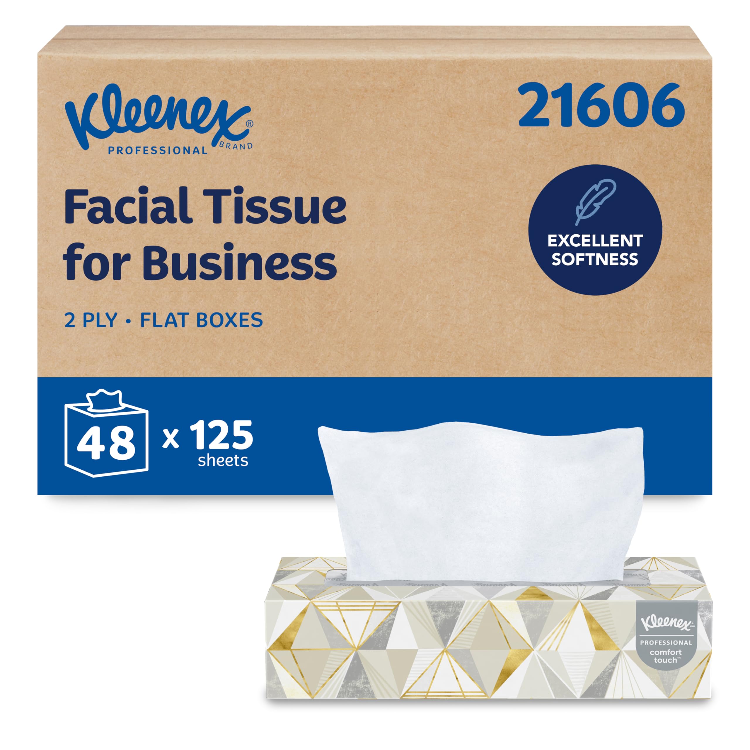 - Kleenex Professional Facial Tissue, Bulk (21606), 2-Ply, White, Flat Boxed Format, Designed for Business (125 Tissues/Box, 48 Boxes, 6,000 Sheets/Case)