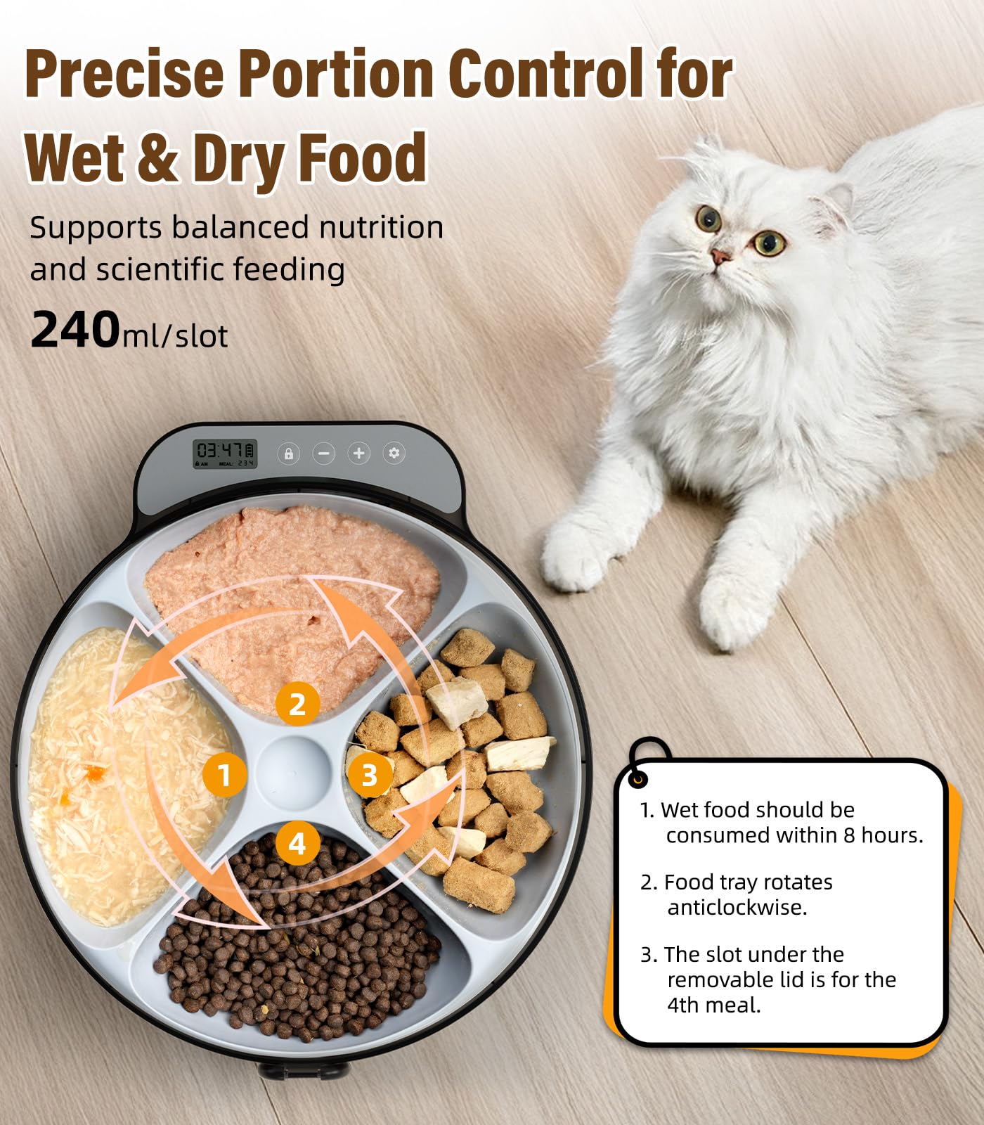 Casfuy Battery-Operated Automatic Cat Feeder - Whisker Friendly Automatic Cat Food Dispenser for Wet Dry Food Cordless 4-Meal Auto Feeder for Cats Small Dogs with Programmable 12H/24H Format Timer - image 3