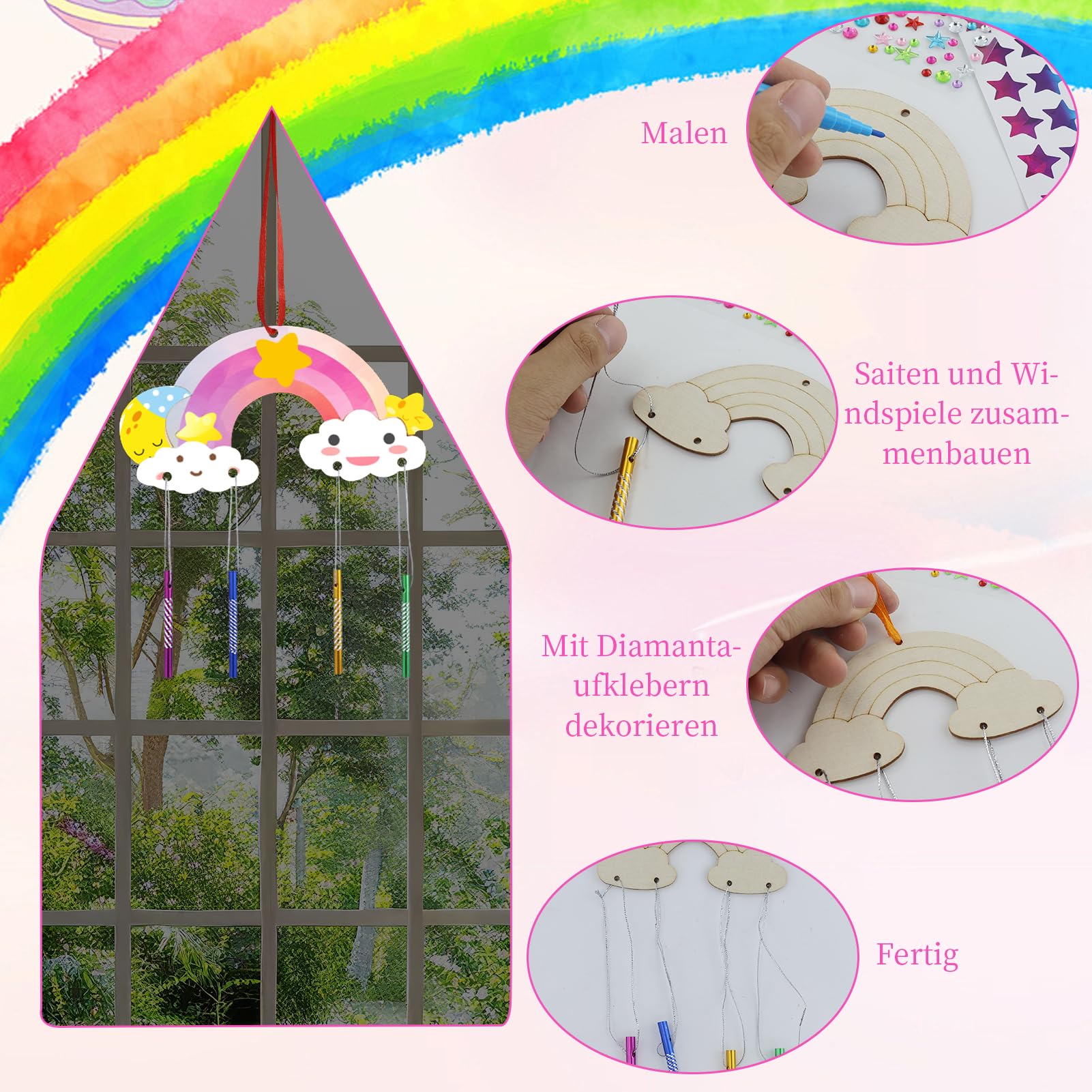 Kit 12 Carillons à Vent à Peindre – Arc-en-ciel En Bois, Tubes Métalliques – Activité Manuelle Enfant, DIY Créatif