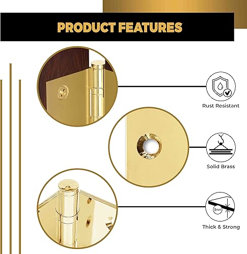Miniatura 4 de Bisagra de puerta de latón macizo, rodamiento de bolas, oro brillante pulido de 3.5 x 3.5 pulgadas, con puntas decorativas de rosca incluidas, juego