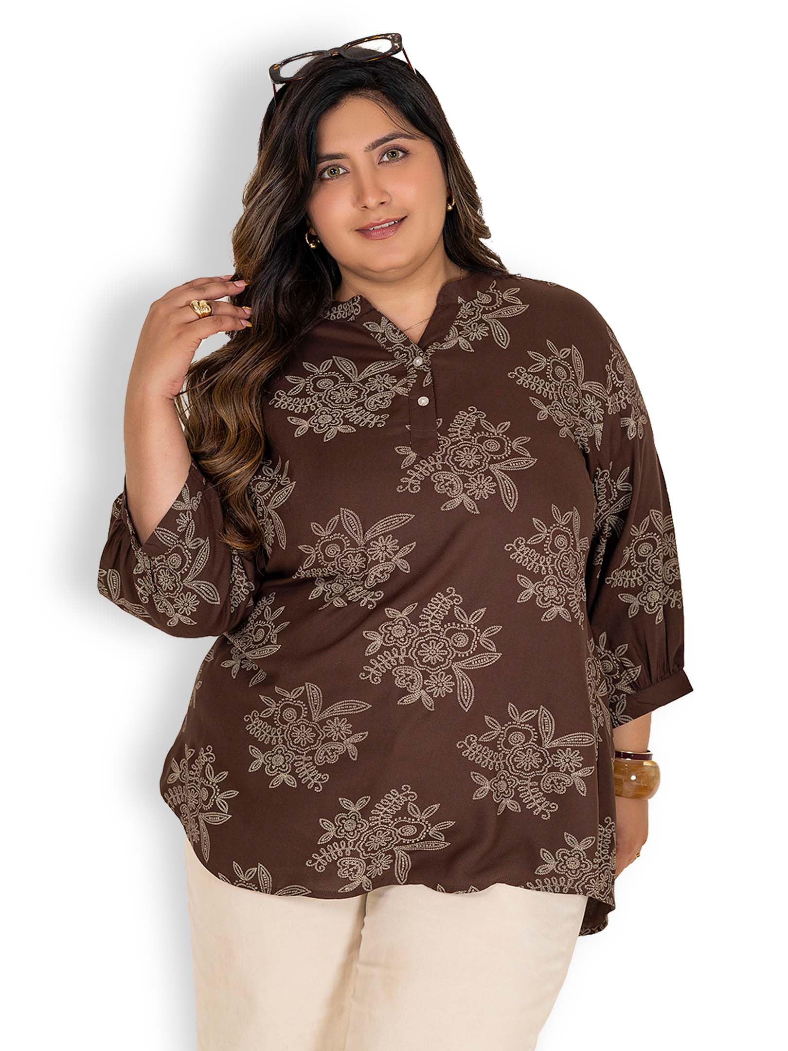 leasy Women's Plus Size Printed Pure Cotton Short Kurti | Mandarin Collar Kurti Top | Collar with 2 Openable Buttons Detailing | Casual Wear Plus Size Top | 3XL to 8XL-picture-35