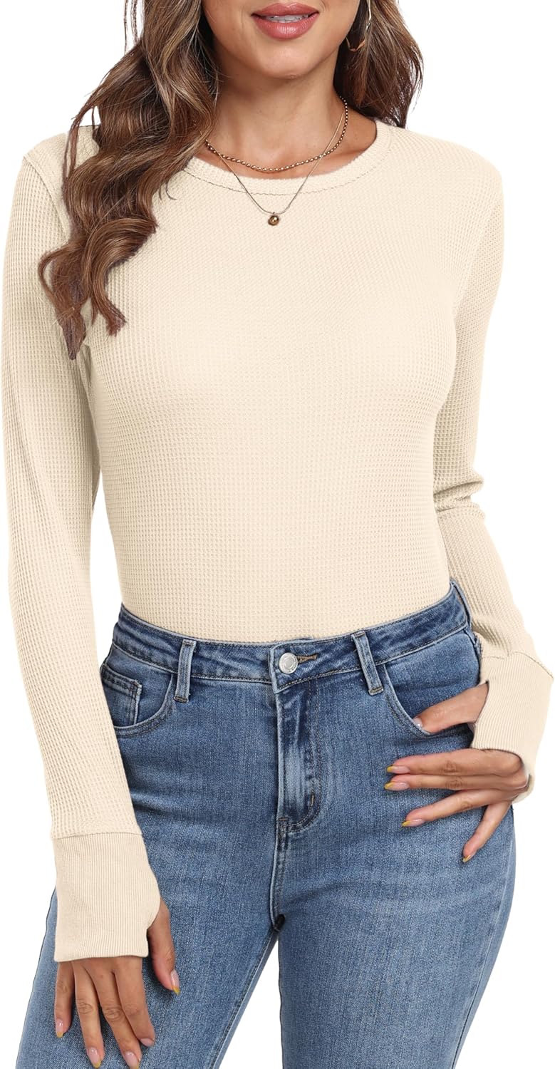 GRECERELLE Waffle Knit Long Sleeve Shirts for Women Crew Neck Slim Fitted Going Out Tops Y2k Outfits - Image 5