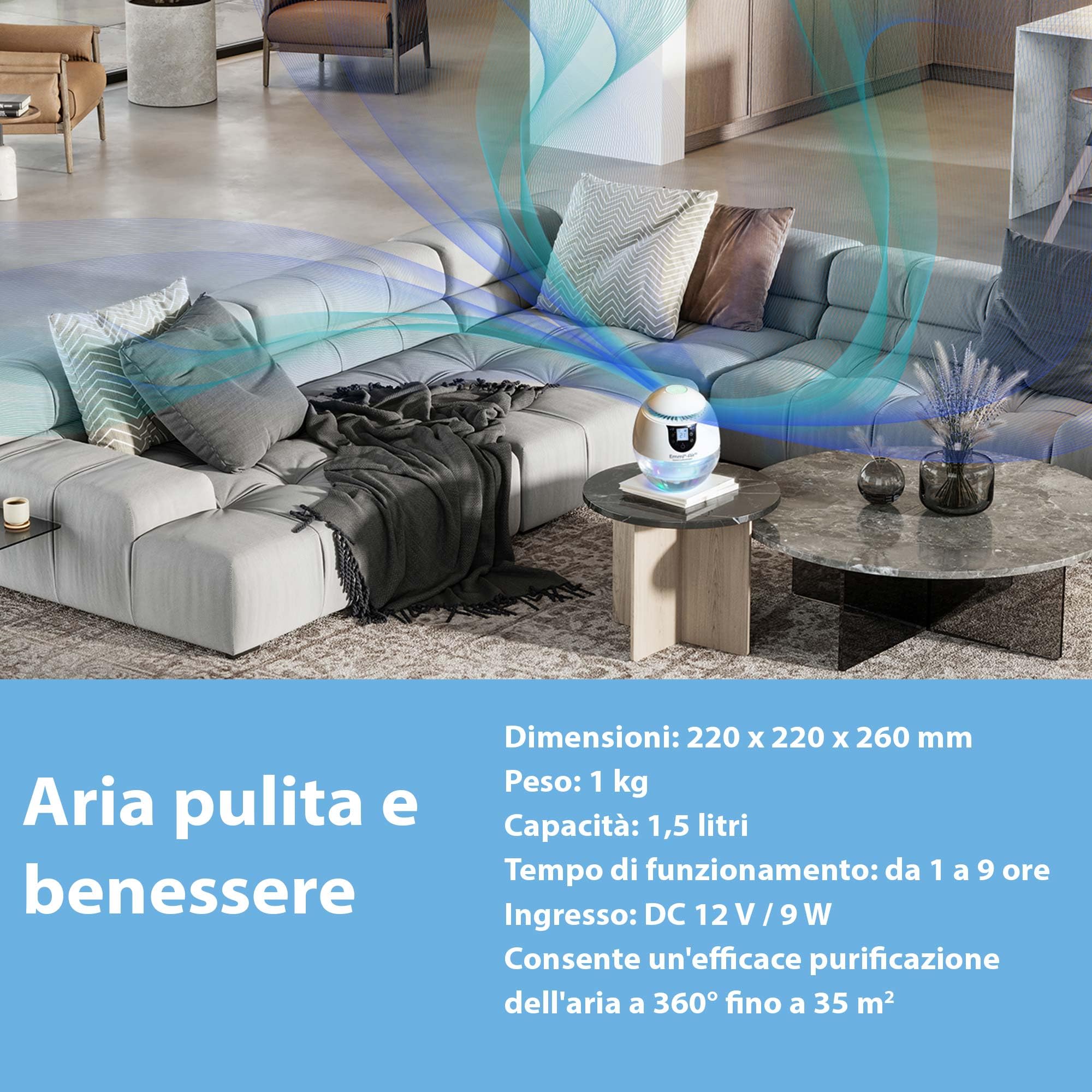 Emmi Air Ioni Purificatore d'Aria - Adatto per allergici | Fino a 35 m² | Purificatore d'Aria con ioni neutralizzanti gli odori | Ideale contro polvere, virus, pollini e odore di acrilico