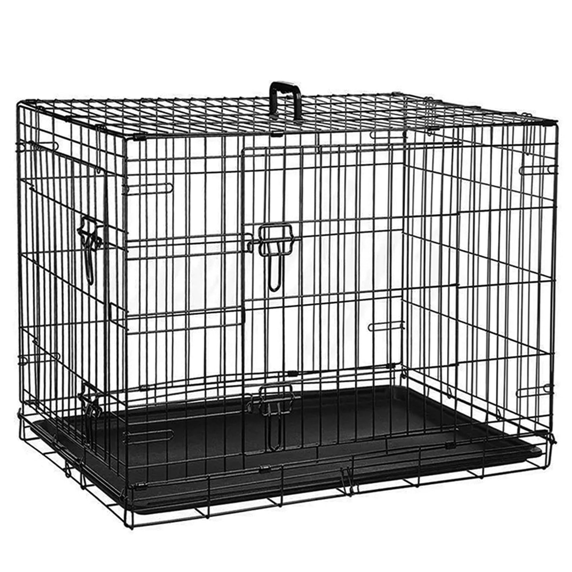 VELVETIO Foldable Dog Cage with Leak Proof Tray, 36 - Inch Double Door Metal Pets Training Crate, Heavy Duty Chew Resistant Plastic Base Pan, (91 X 57 X 64 Cm), Black