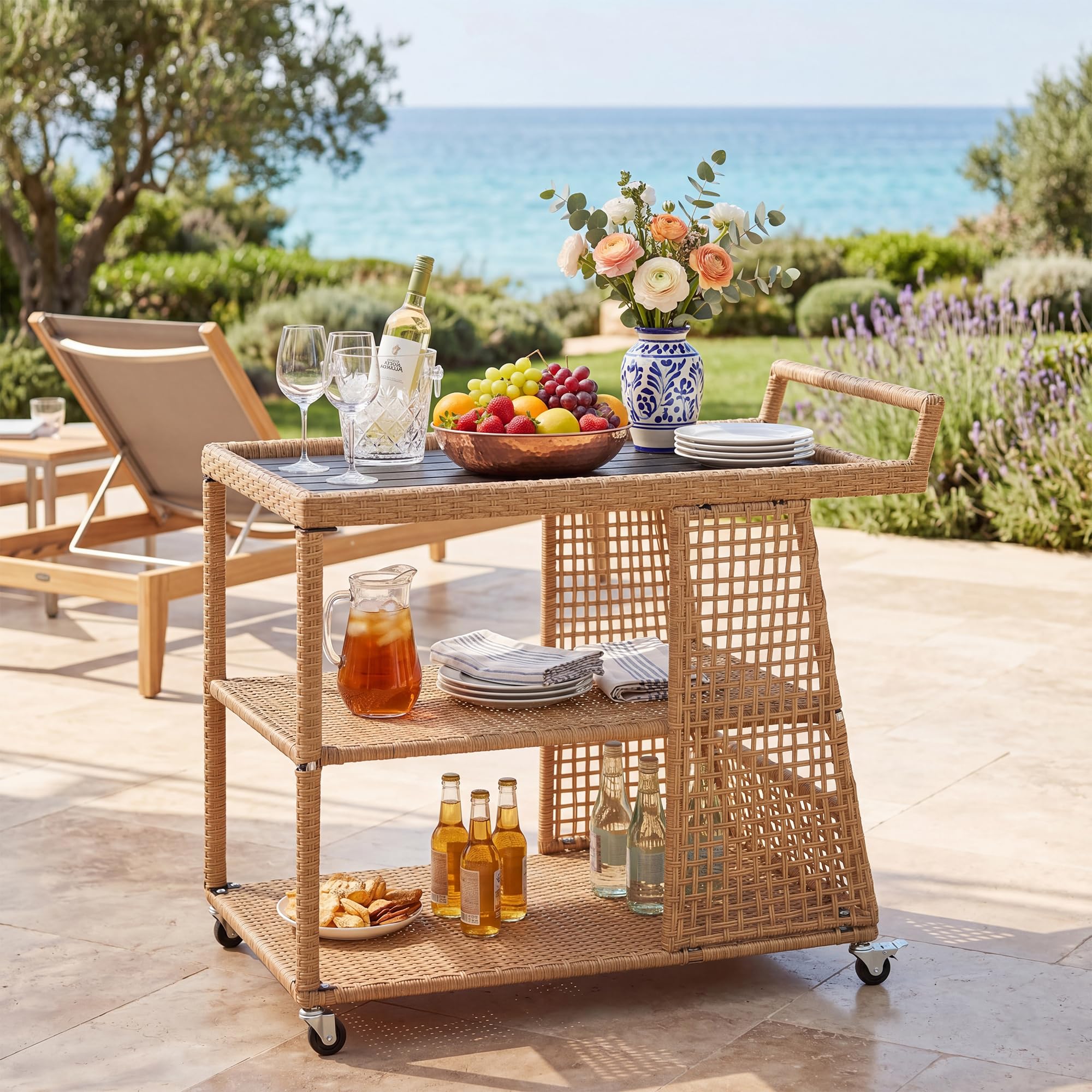 SOARS Carrello Bar in Rattan, Carrello Portavivande con 3 Ripiani Aperti e 4 Ruote, Maniglia Ergonomica, Moderno Carrellino Servizio Esterno Interno per Giardino, Terrazzo, Cucina, 98 X 54 X 92 CM