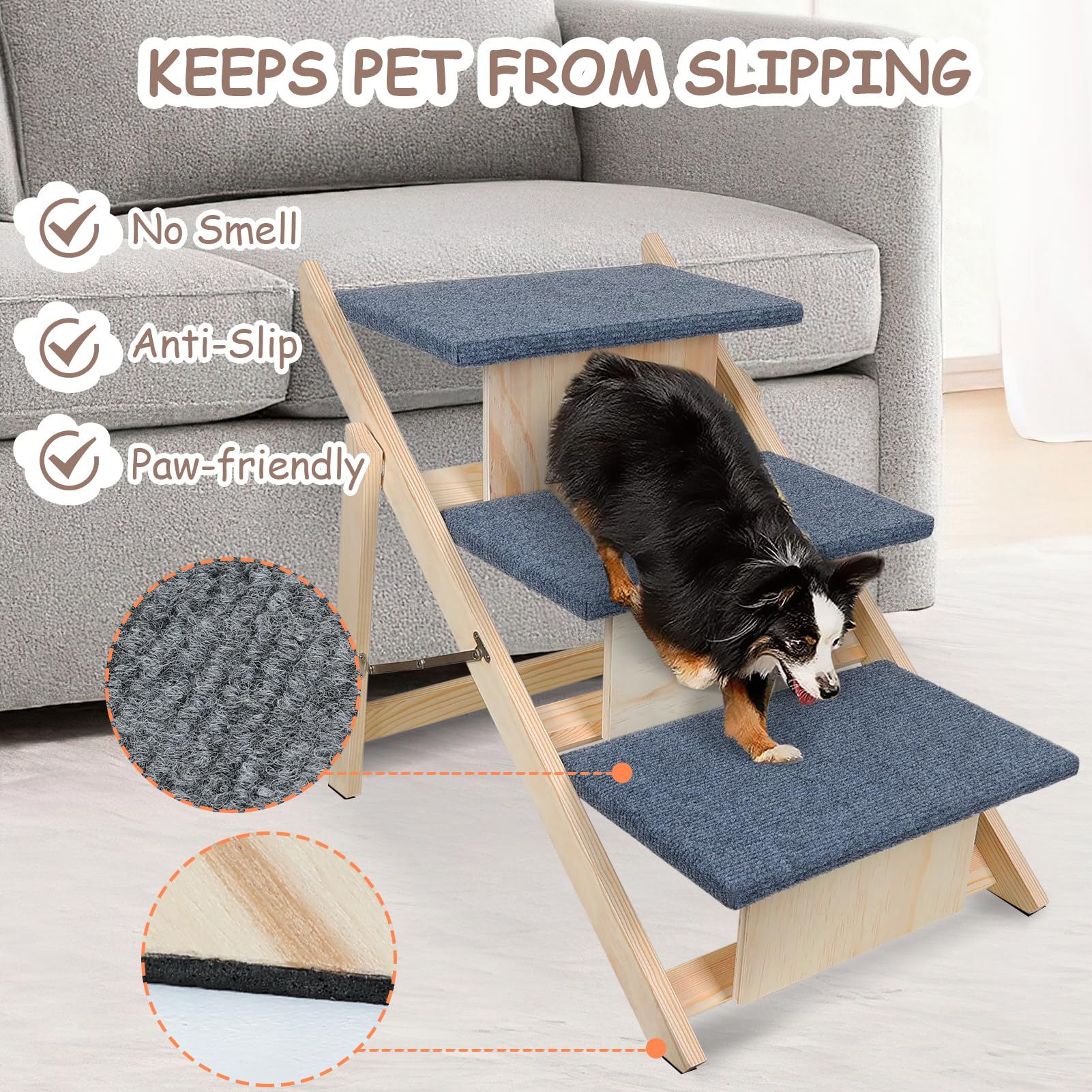 YEMOO Wood Pet Stairs/Dog Ramp,Large Dogs Steps for High Beds, Sofa, Car, 2-in-1 Foldable Carpeted 3 Tiers Dog Stairs with Non-Slip Pads, Safety, Durable Portable Dog/Cat Ladder Up to 110 Pounds