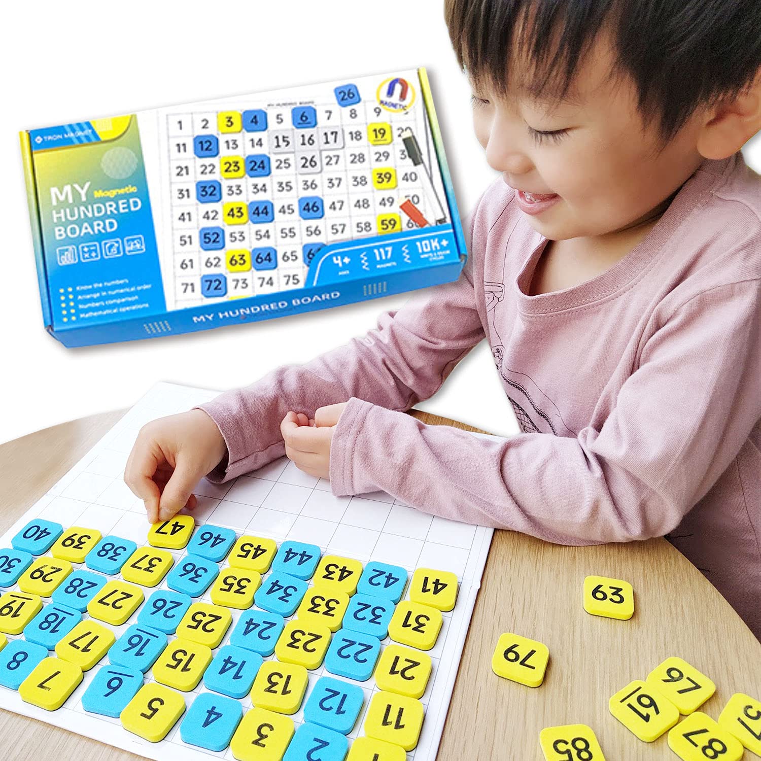 MIHI【元中学校数学教諭監修】数字盤 100マス モンテッソーリ知育玩具 入学準備 幼児 数字 練習 磁石付き ペン付き 収納袋付き ホワイトボード