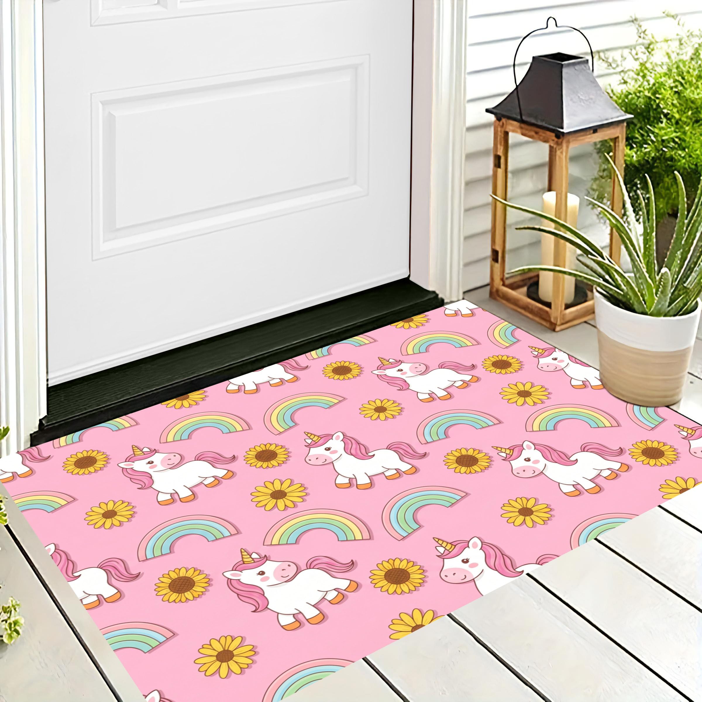 Fussmatte Innen 80X120Cm Rosa Niedliches Regenbogeneinhorn Fußmatte Innen rutschfeste Für Hund Eingang Badematte Zeichentricktiere Waschbar Schmutzfangmatte Fussmatten Haustür Türmatte