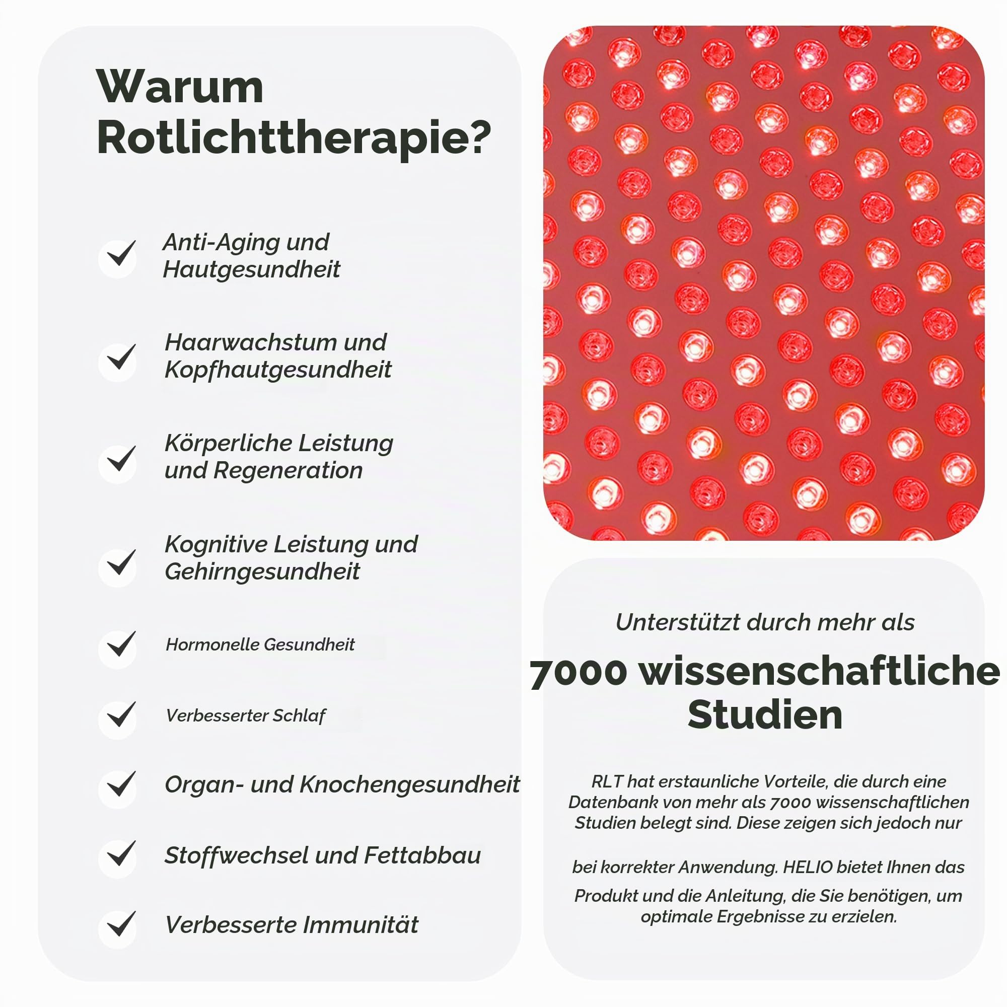 HELIO Rotlichttherapie Panel – Clinical-Grade Red Light Therapy mit 5 bioaktiven Wellenlängen (630–850 nm), hoher Bestrahlungsstärke, pulsing, für Haut, Haar, Regeneration (HELIO 1 (60 x 3W))