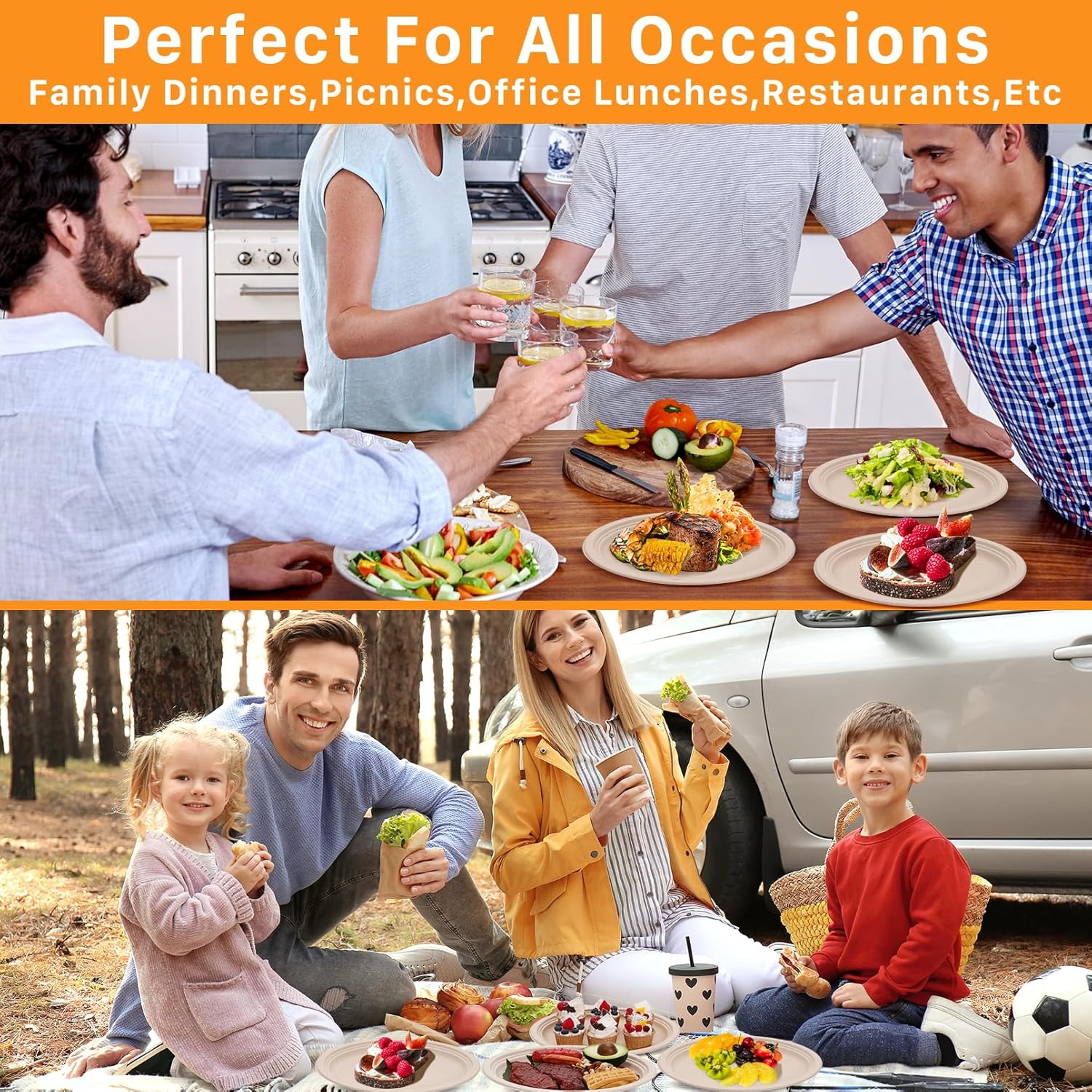 50 Pack Oval Paper Plates,12 inch Paper Plates Heavy Duty,Compostable Natural Bagasse Unbleached Sugarcane Plate,Disposable Plate for BBQ Party Picnic Gathering(Brown)