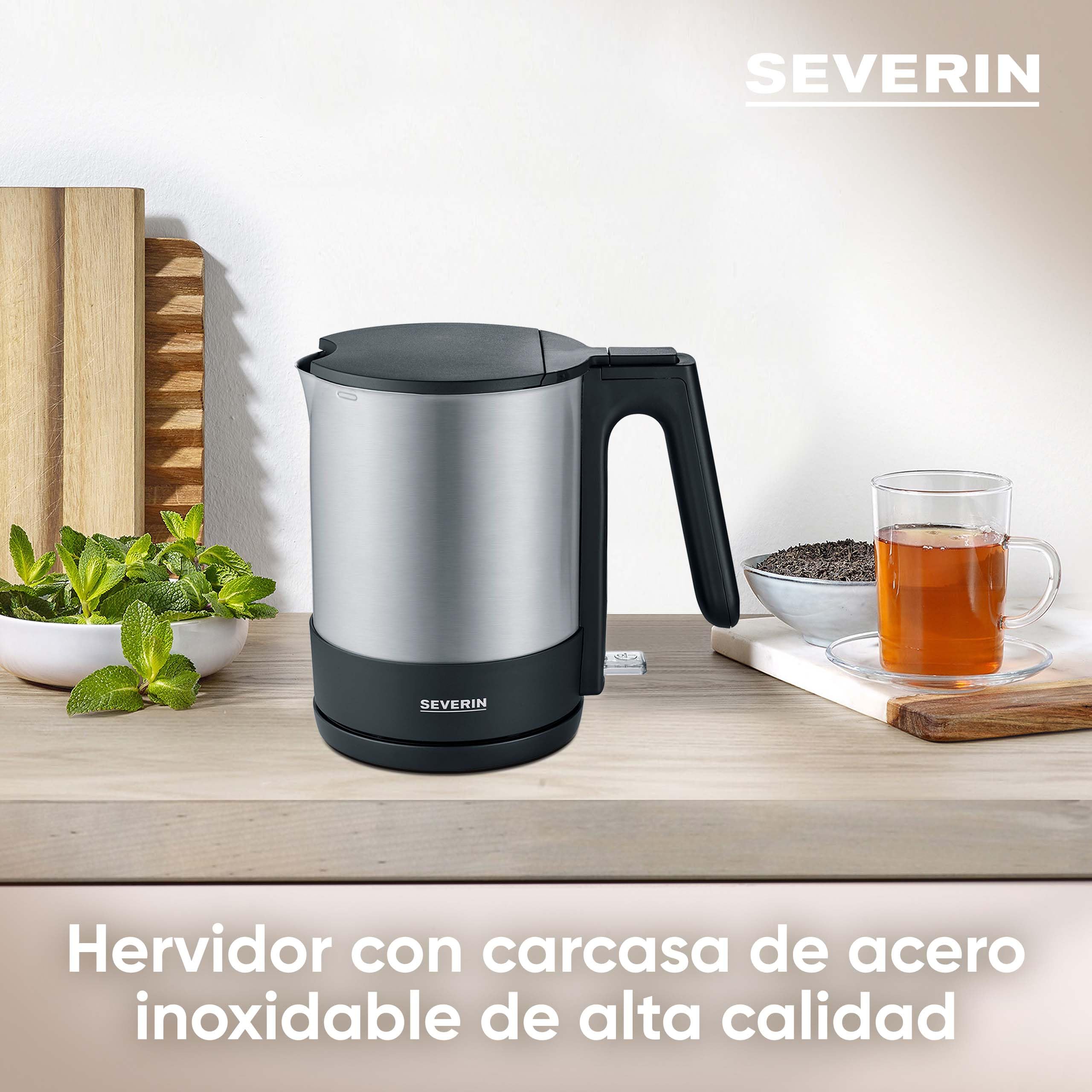 SEVERIN Hervidor de agua, hervidora eléctrica con filtro de cal, capacidad 1.7 l, 2200 W, acero inoxidable/negro, WK 3409