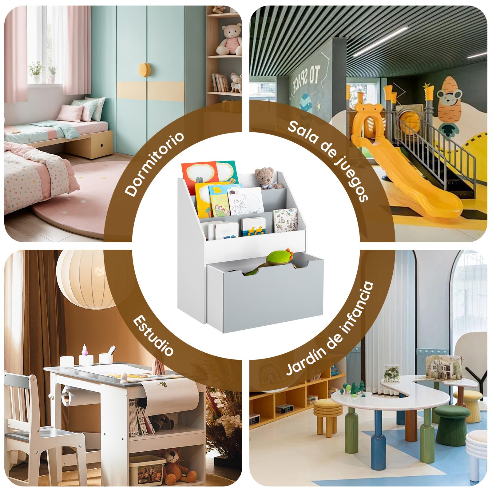 SoBuy Bibliothèque Enfant, Meuble Rangement Enfant avec 3 Niveaux et 1 Boîte de Rangement, Étagère Livre et Meuble Rangement Jouet pour Chambre, Coffre a Jouet, Blanc/Gris 62,5x30x70cm KMB17-HG
